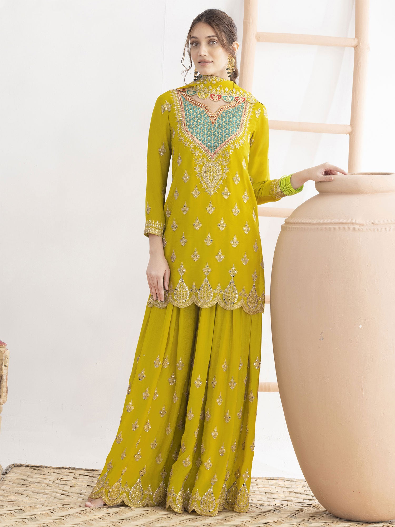 Lemon Yellow Zari Work Palazzo Style Salwar Suit