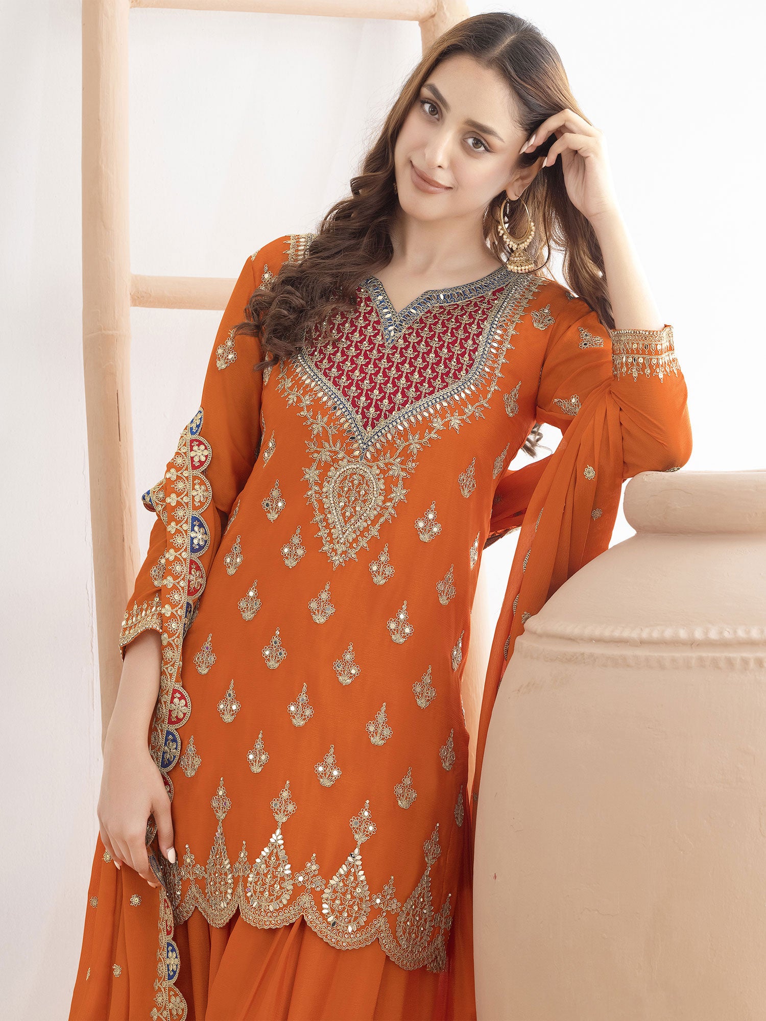 Bright Orange Festive Salwar Suit In Palazzo Style