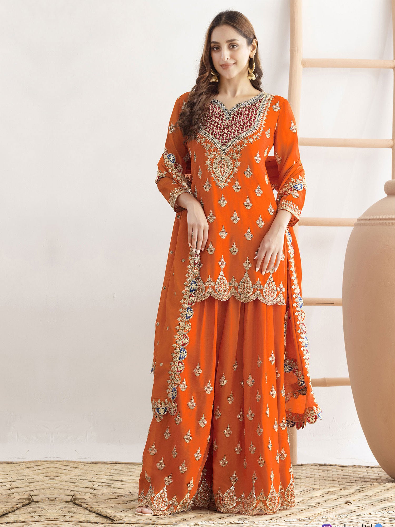 Bright Orange Festive Salwar Suit In Palazzo Style