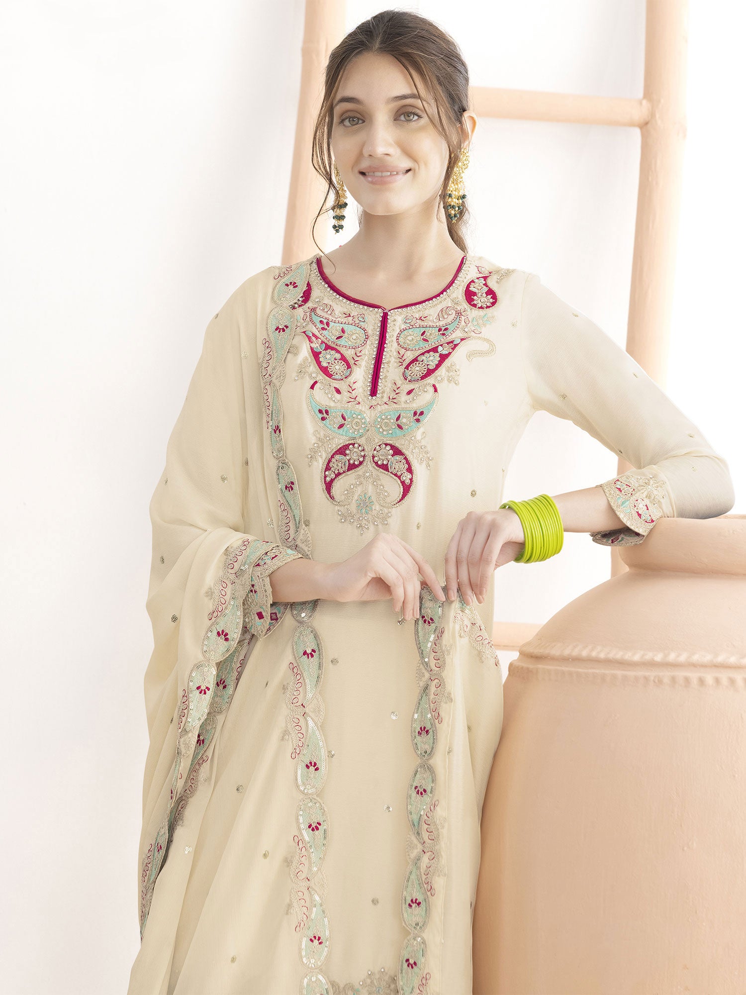 Off White Party Salwar Suit In Sharara Style