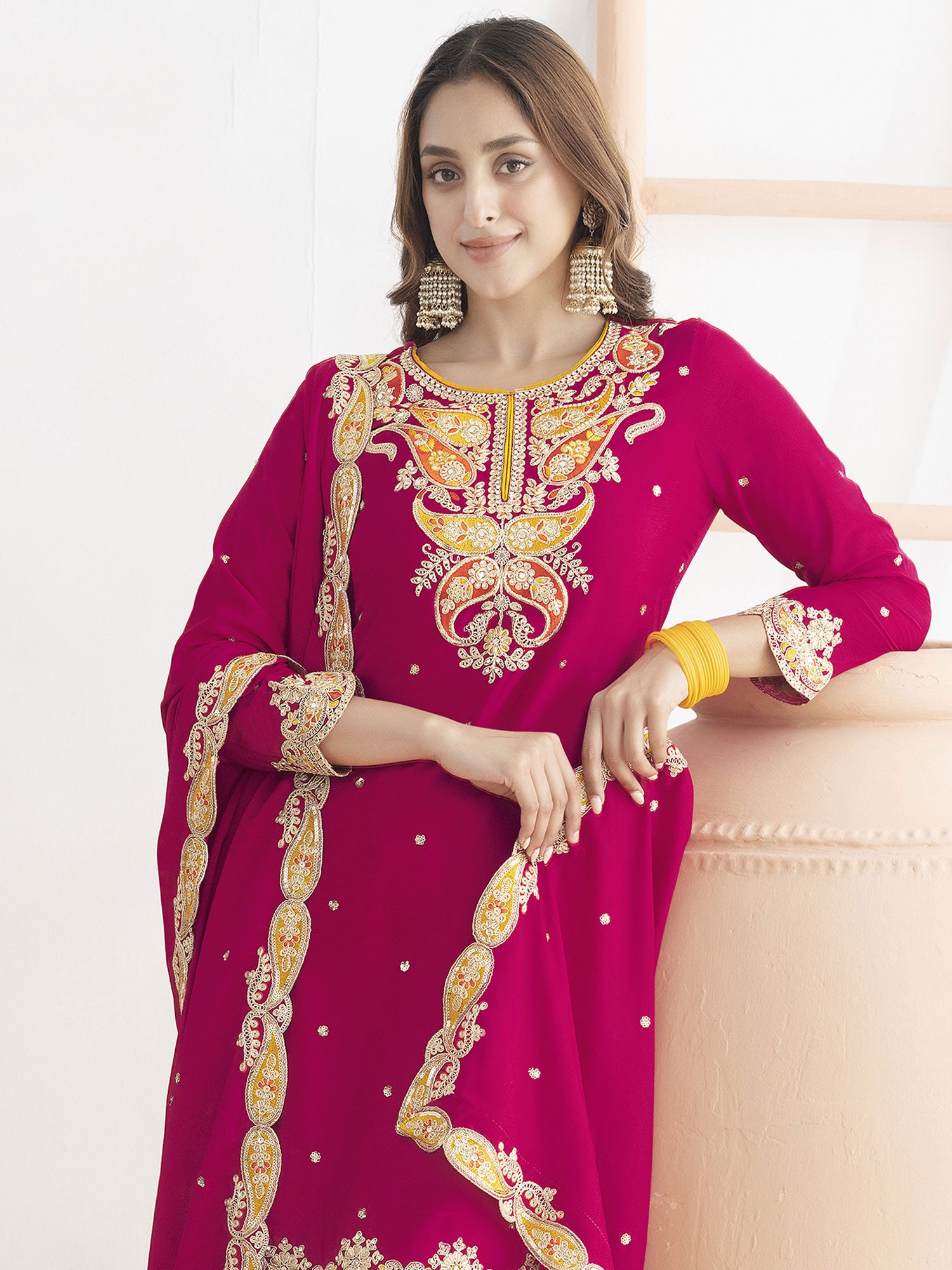 Cherry Red Floral Thread Work Sharara Suit
