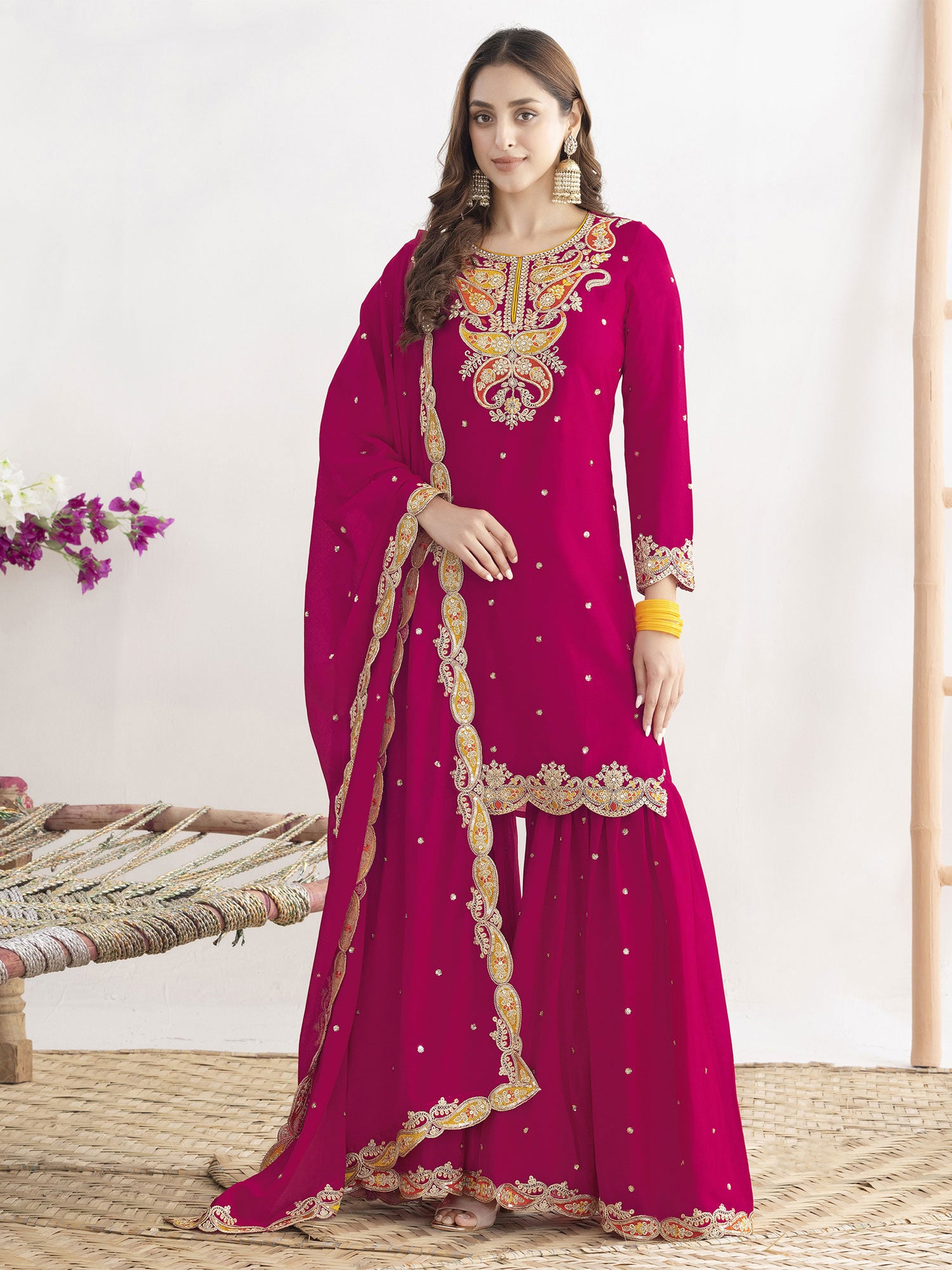 Cherry Red Floral Thread Work Sharara Suit