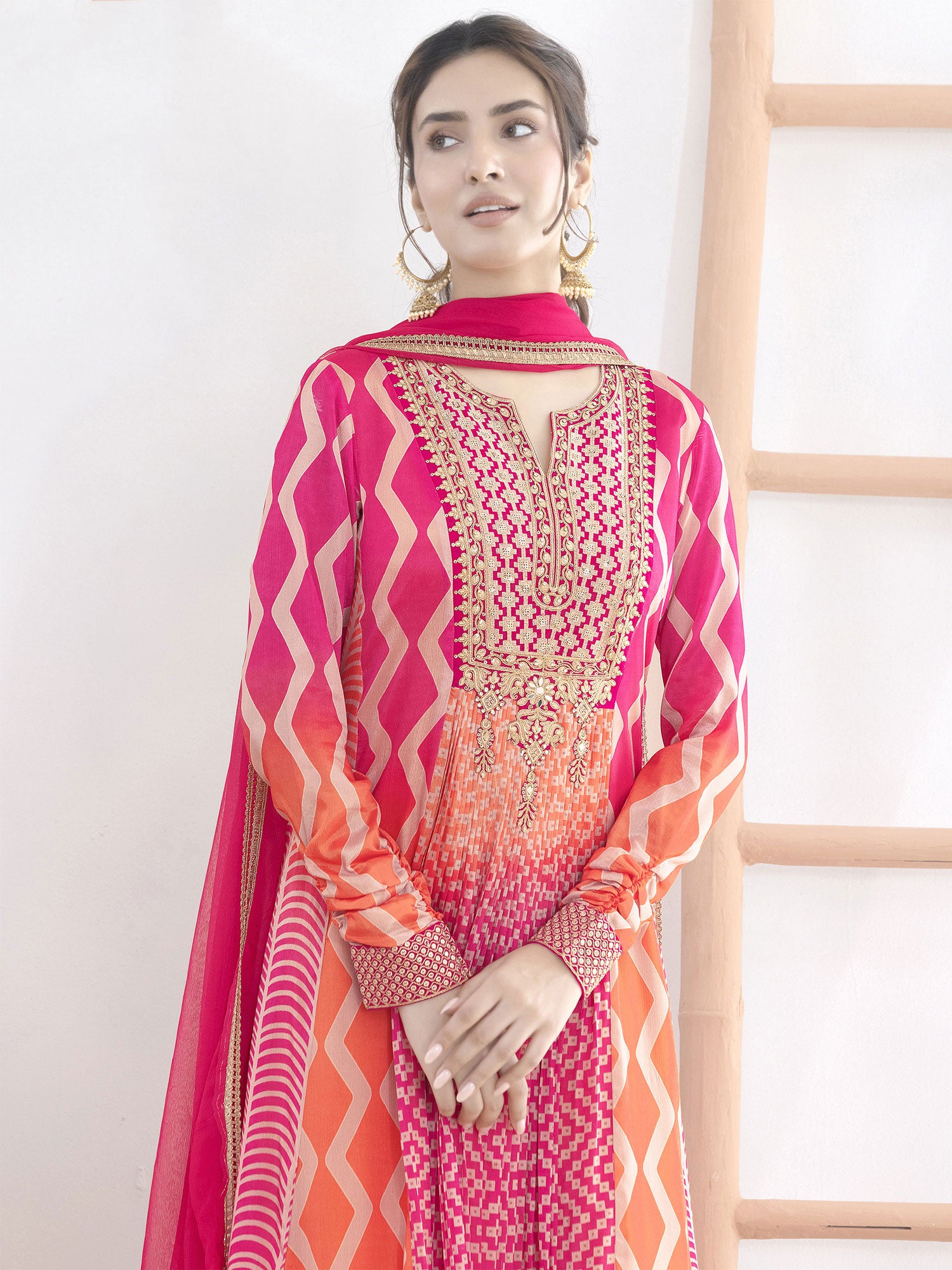 Orange And Pink Shaded Anarkali Style Suit