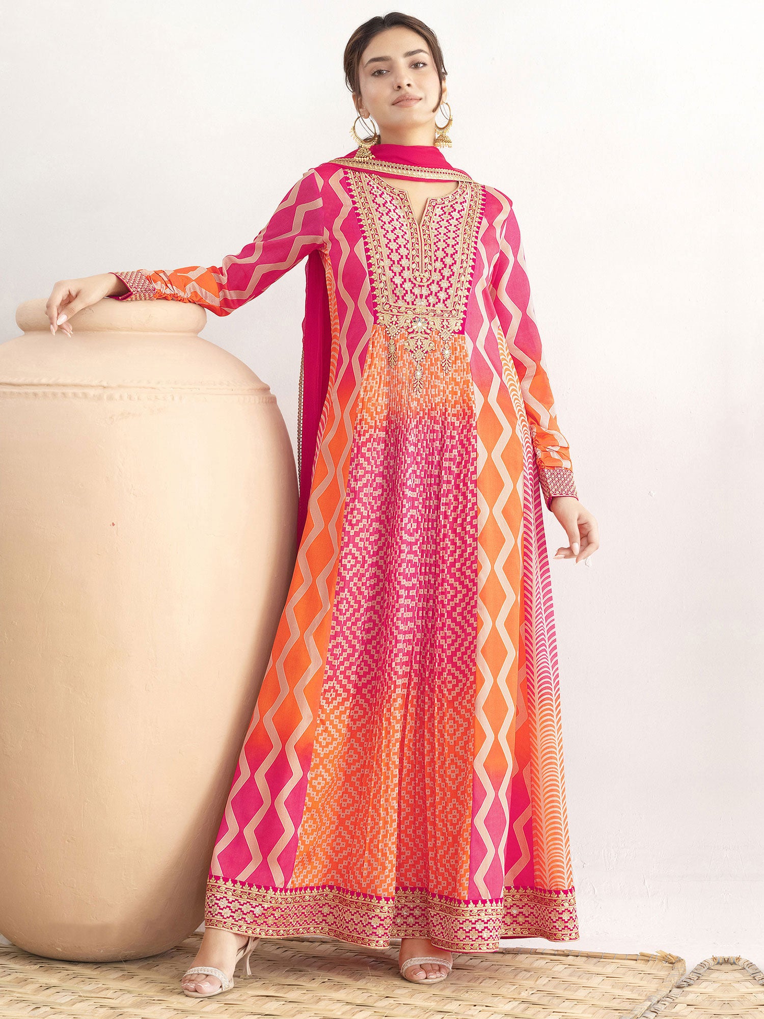 Orange And Pink Shaded Anarkali Style Suit