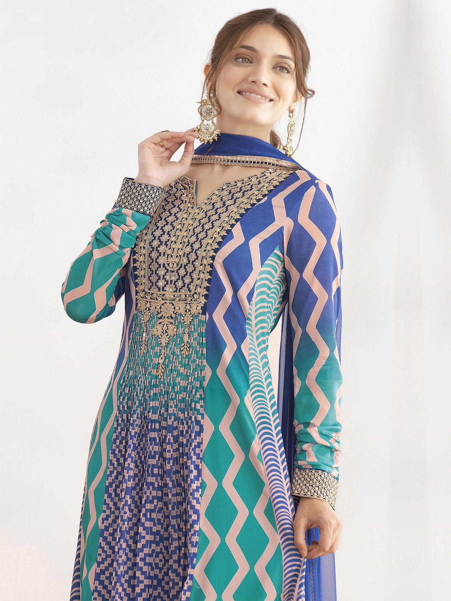 Turquoise And Blue Printed Salwar Kameez