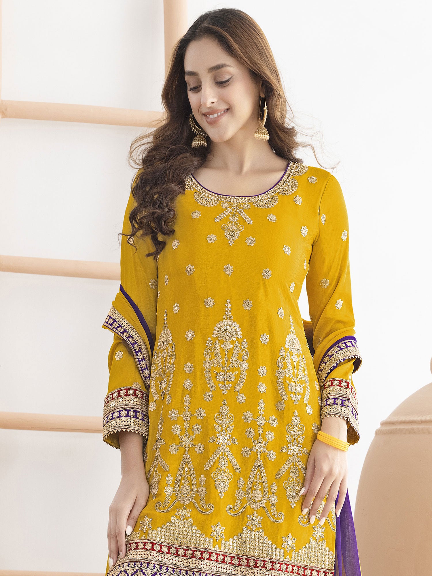 Honey Yellow Silk Salwar Kameez In Sharara Style