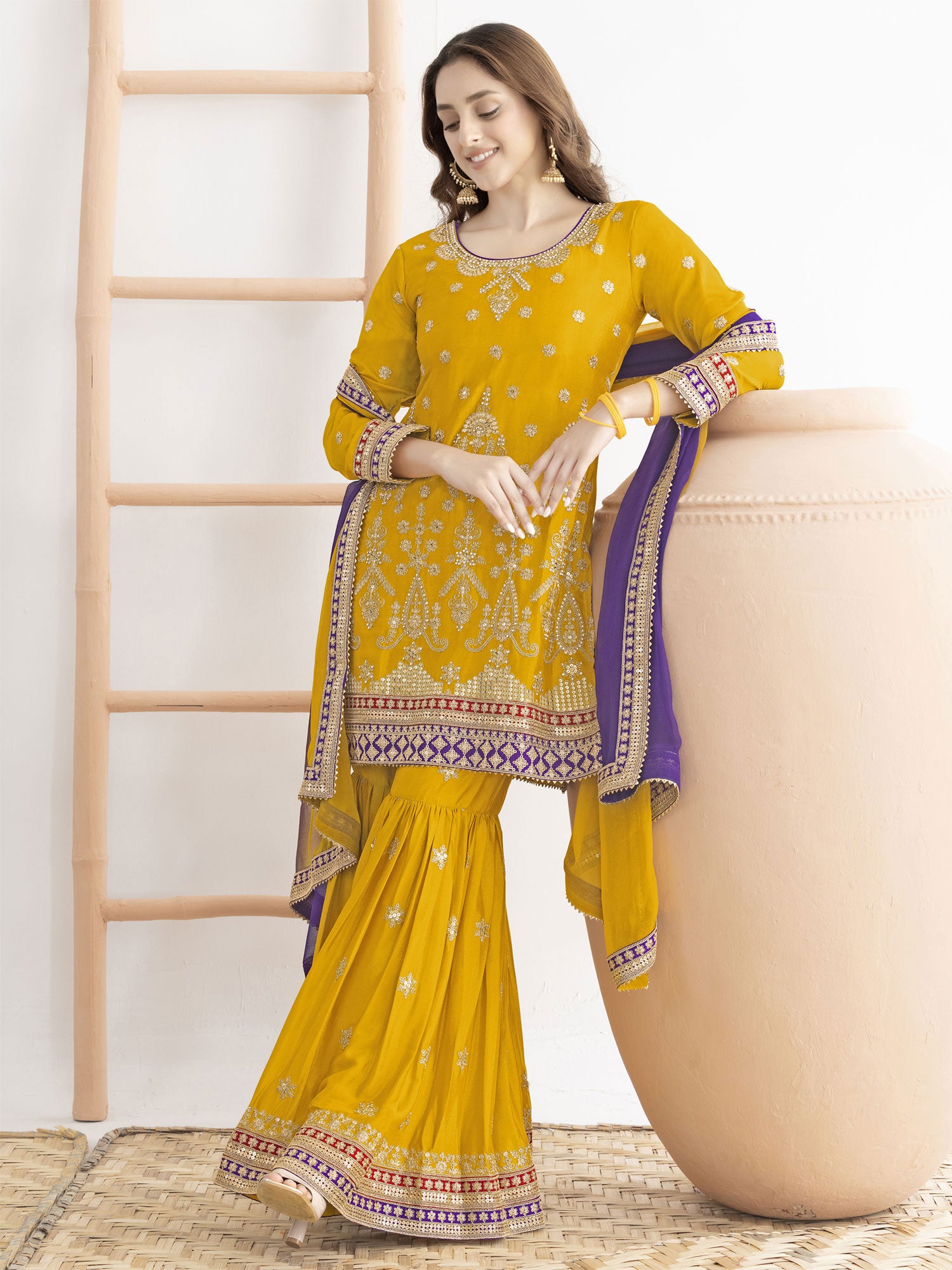 Honey Yellow Silk Salwar Kameez In Sharara Style