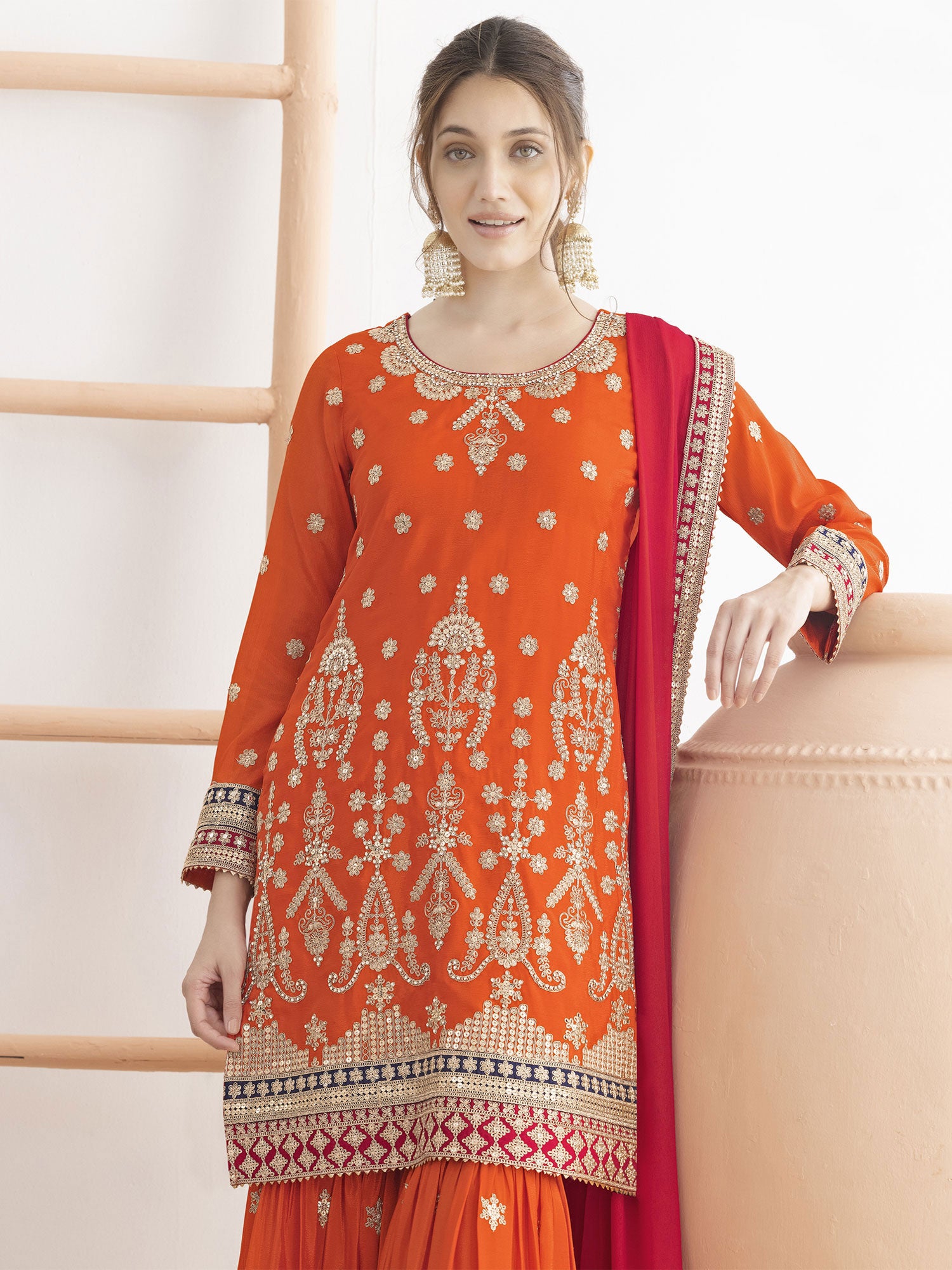 Bright Orange Sequins Augmented Sharara Suit Set