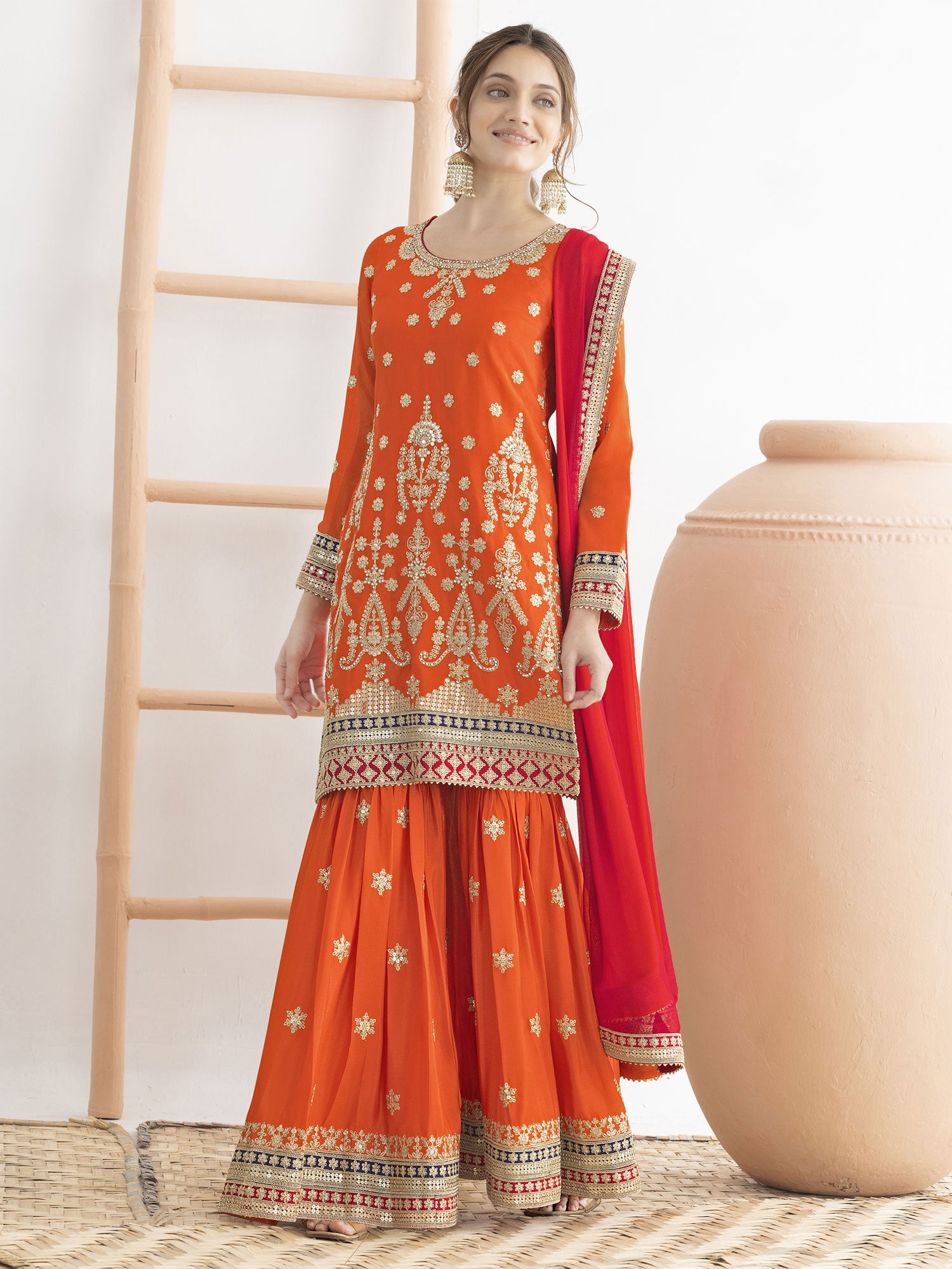 Bright Orange Sequins Augmented Sharara Suit Set