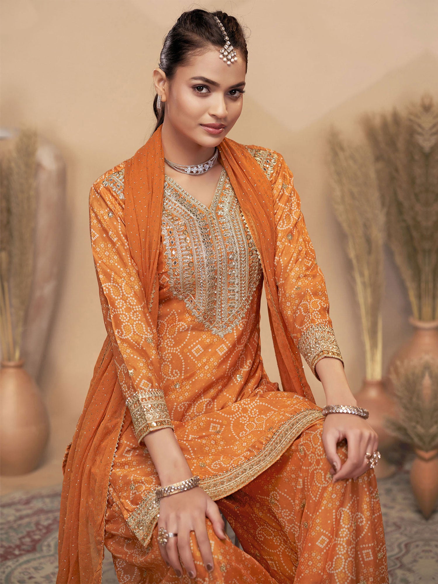 Orange Bandhej Printed Festive Salwar Kameez