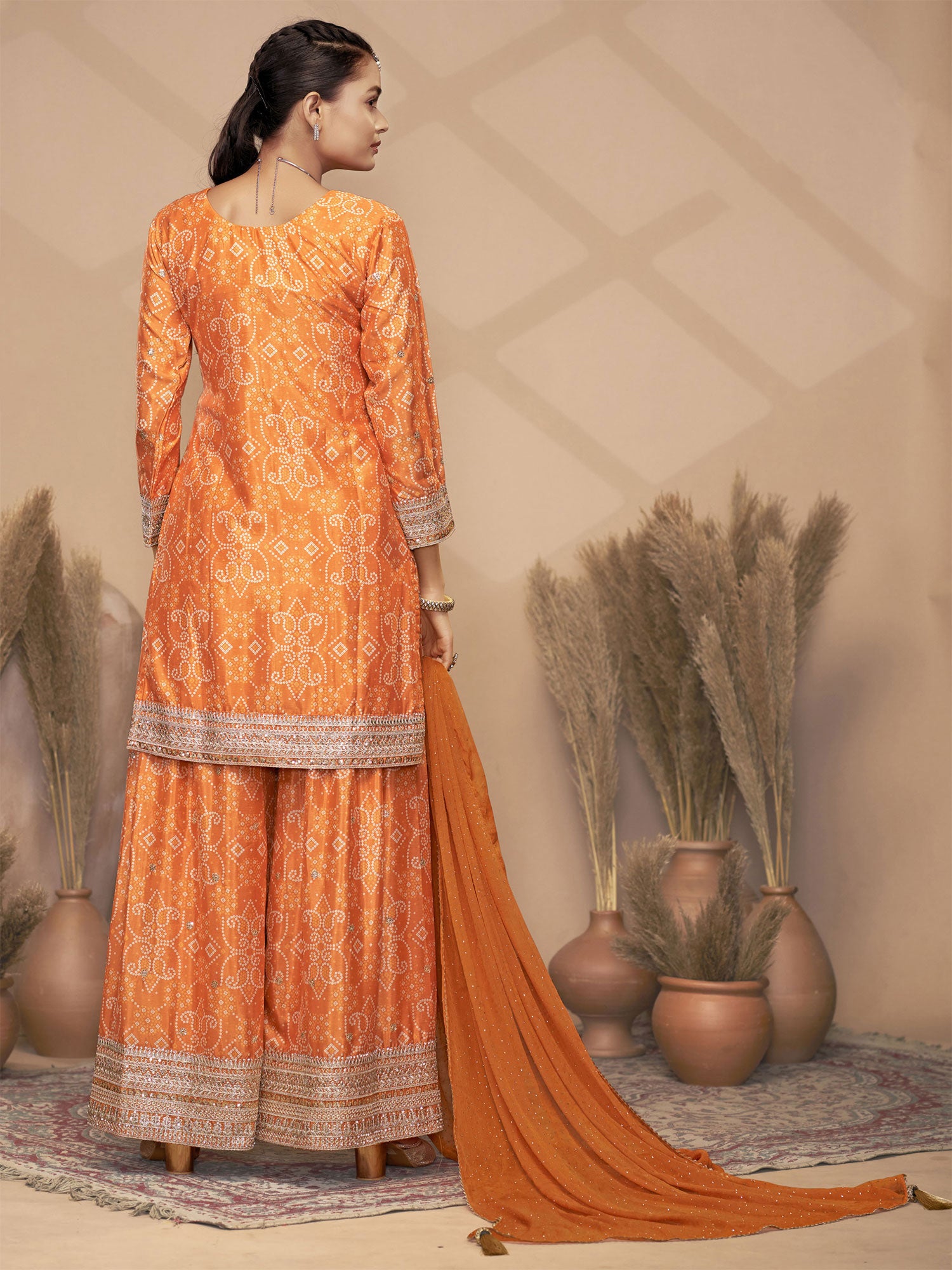 Orange Bandhej Printed Festive Salwar Kameez