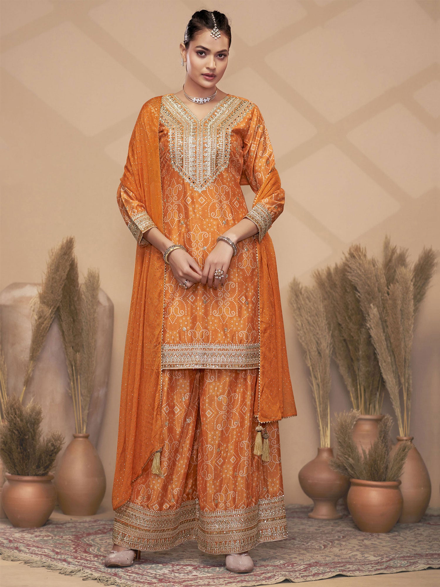 Orange Bandhej Printed Festive Salwar Kameez