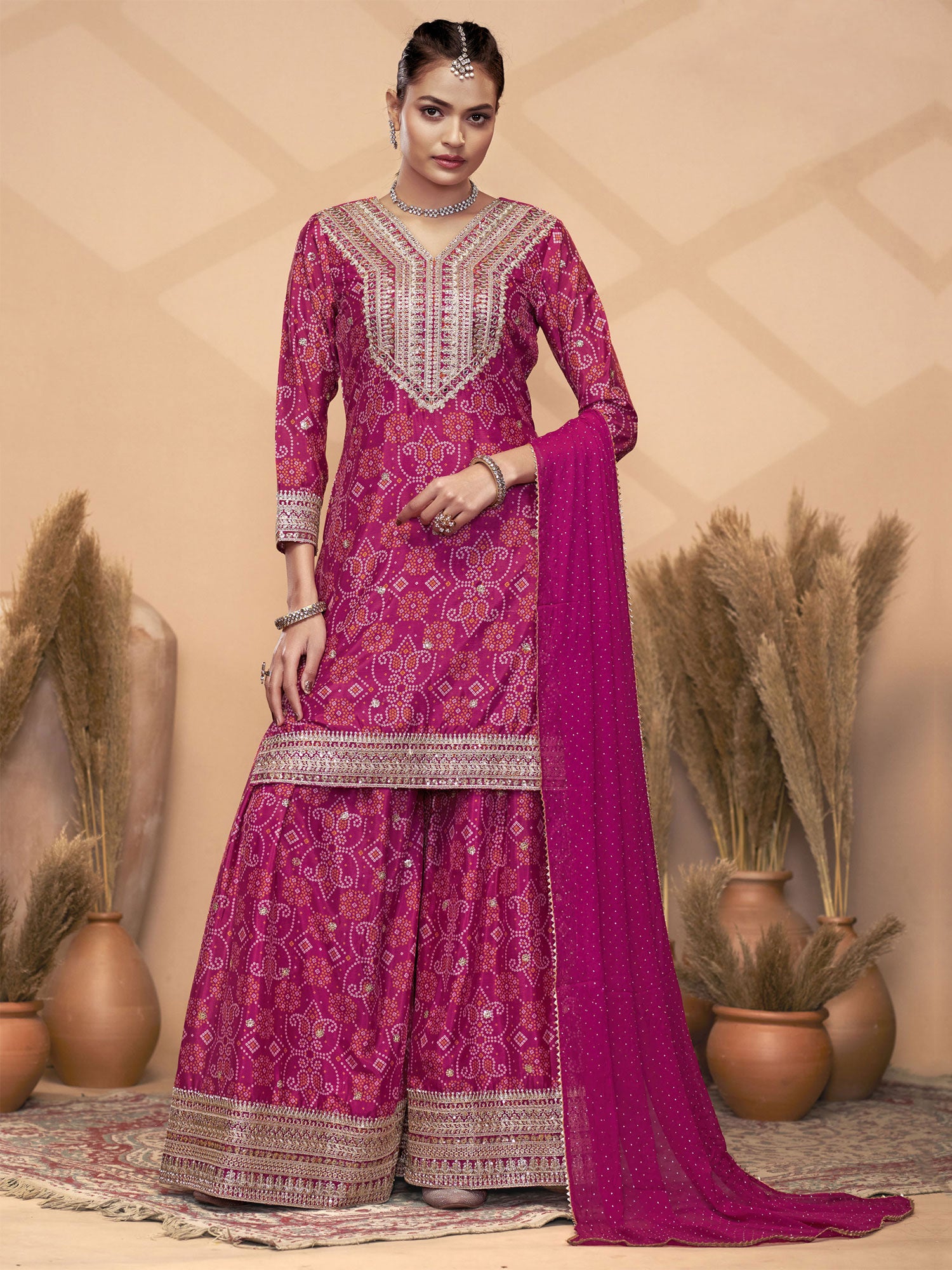 Magenta Printed Palazzo Style Salwar Suit Set
