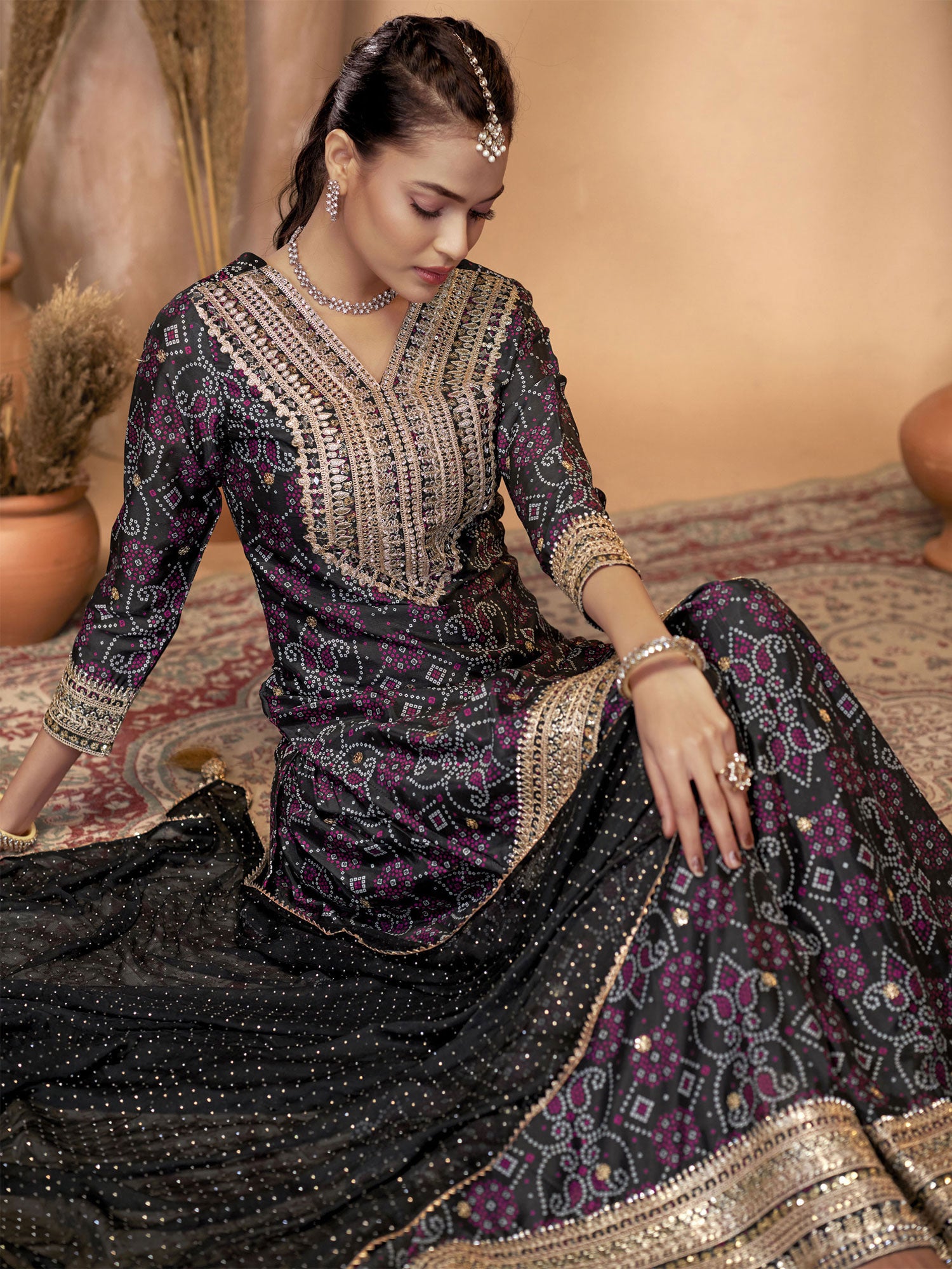 Black Chinon Silk Palazzo Style Salwar Kameez