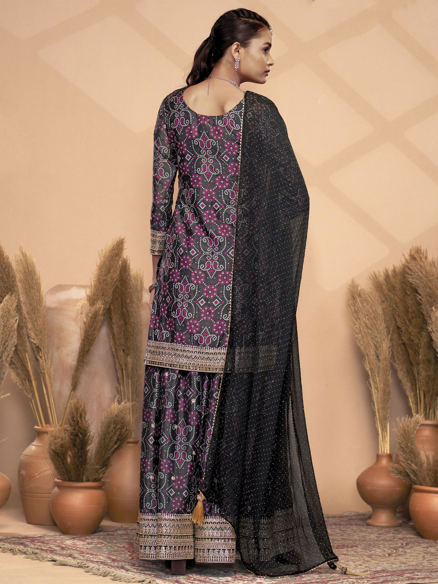 Black Chinon Silk Palazzo Style Salwar Kameez
