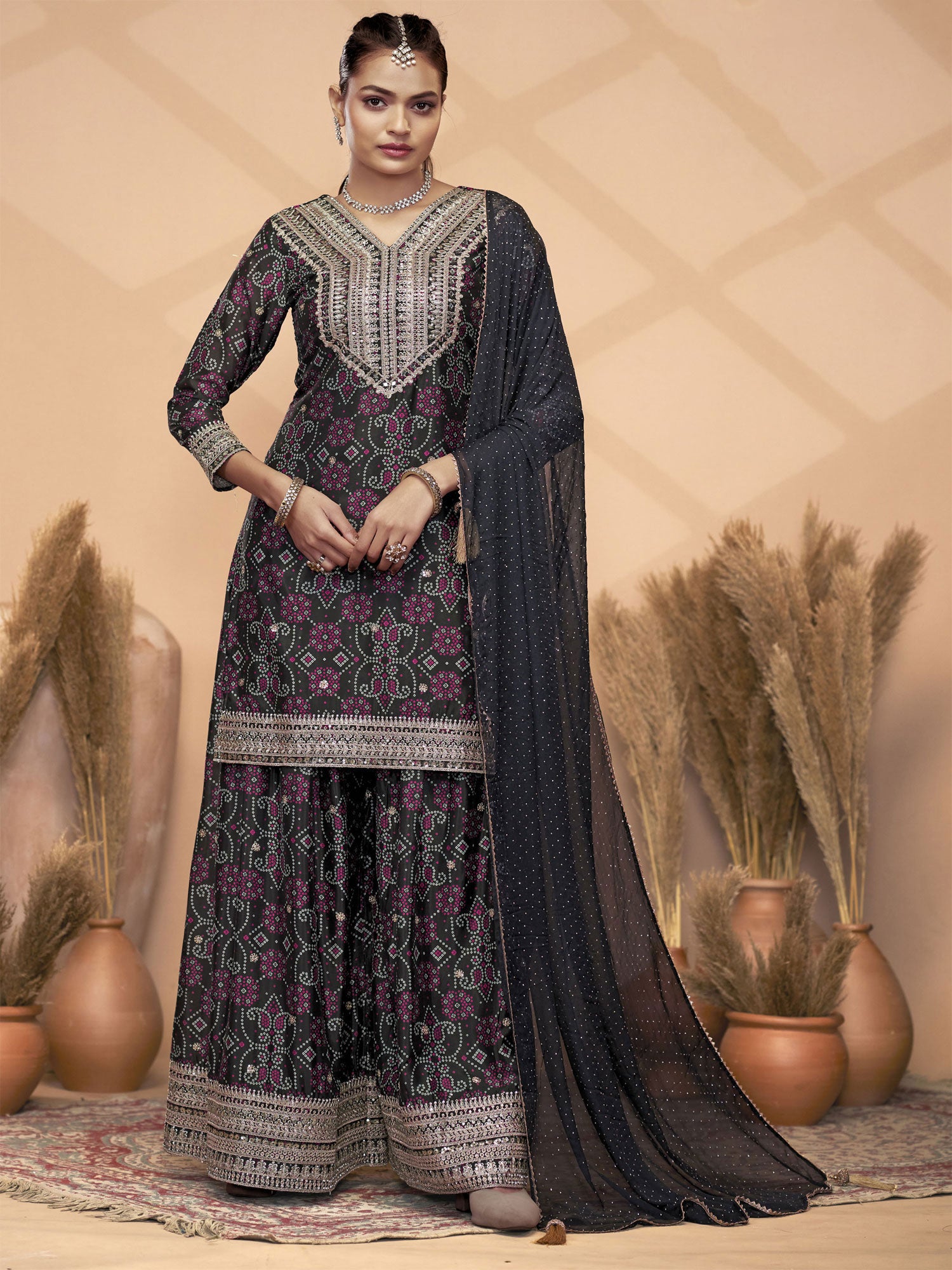 Black Chinon Silk Palazzo Style Salwar Kameez