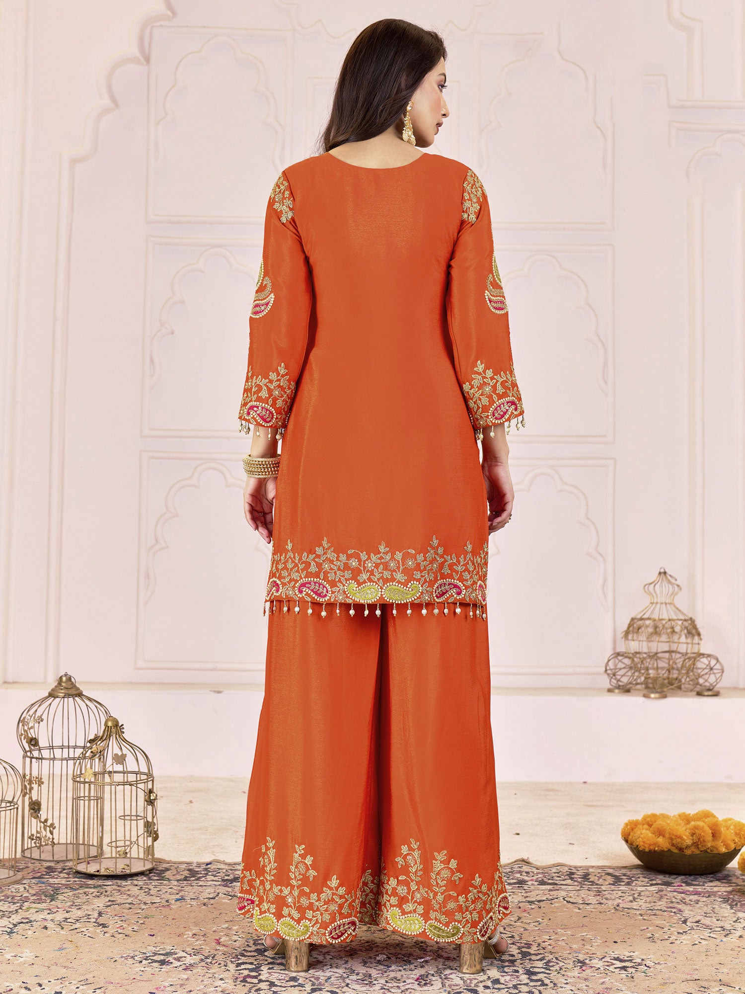 Orange Pakistani Salwar Suit With Shaded Dupatta