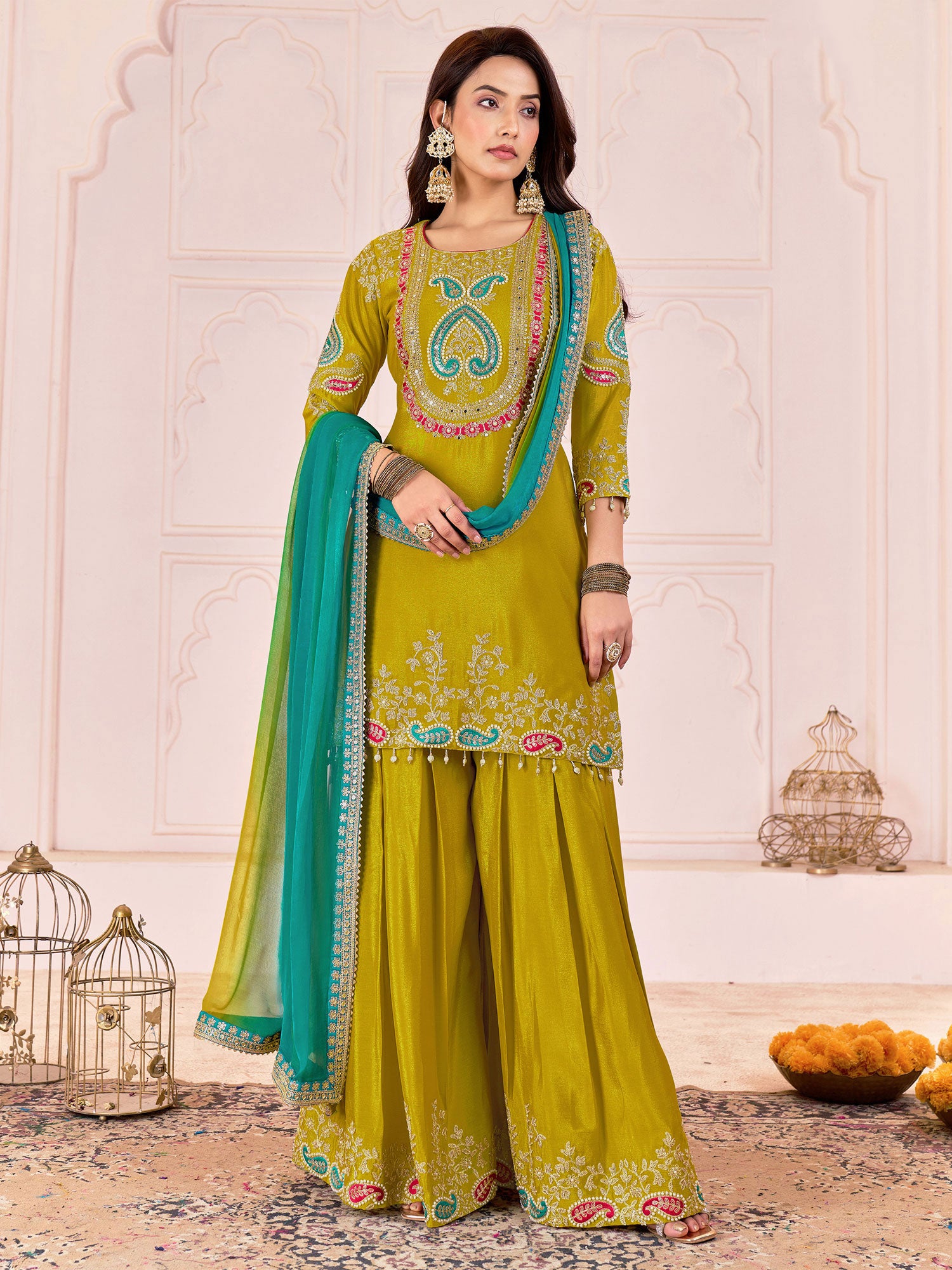 Green Mirror Work Pakistani Style Salwar Suit
