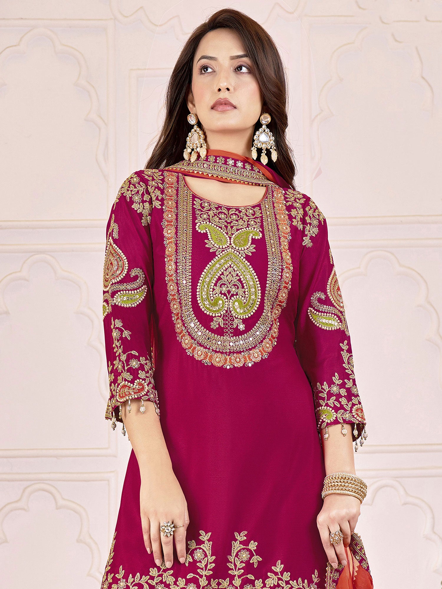 Ruby Red Embroidered Salwar Suit In Sharara Style