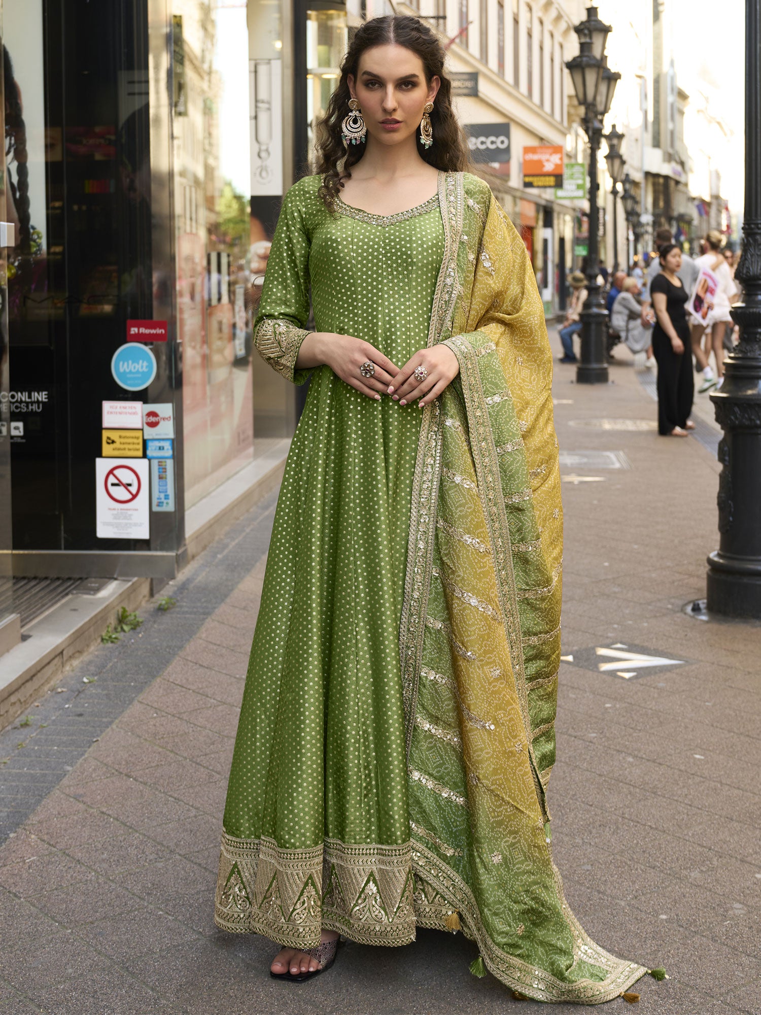 Green Jacquard Silk Salwar Suit In Anarkali Style