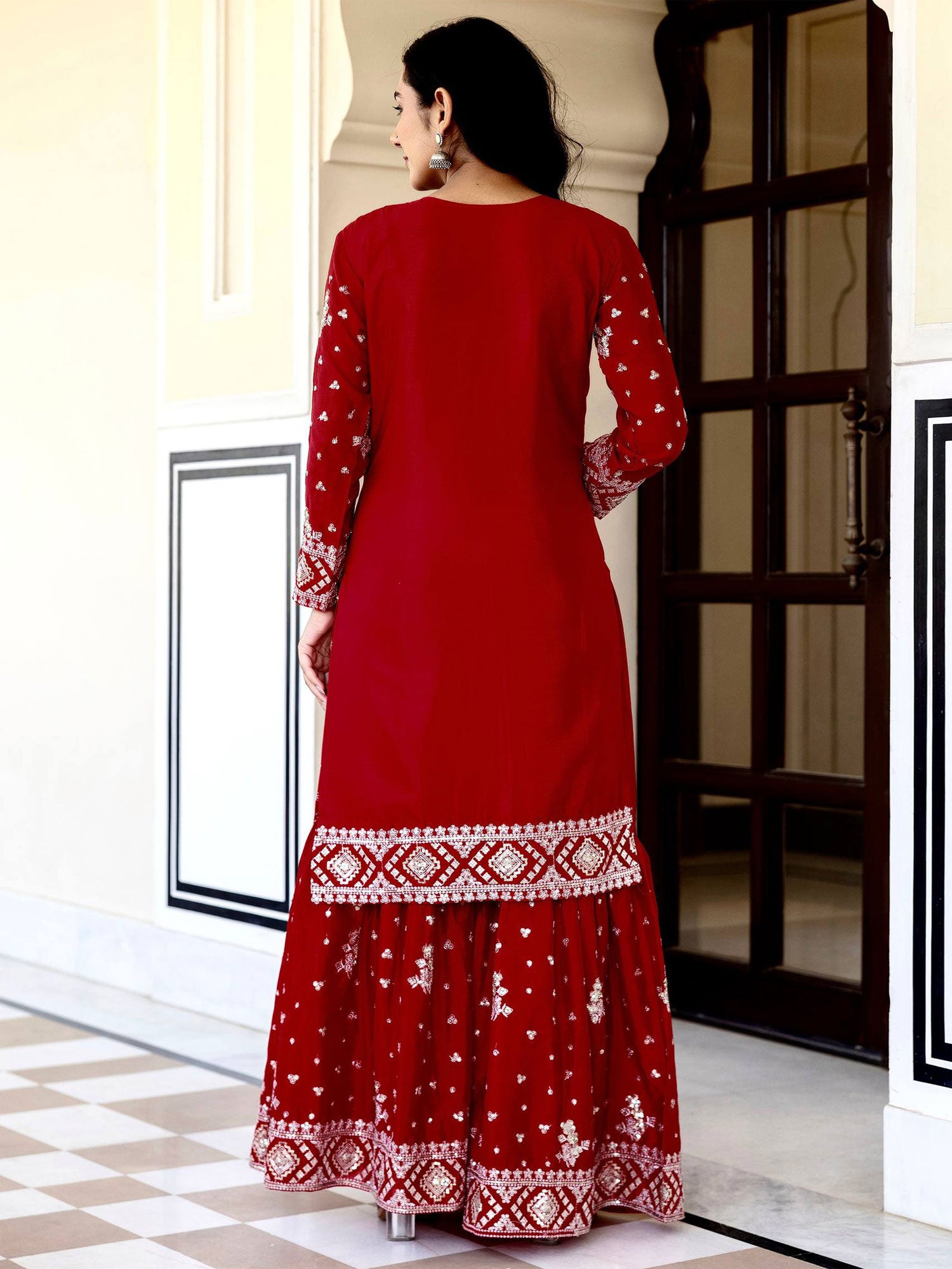 Red Silver Zari Work Augmented Salwar Suit