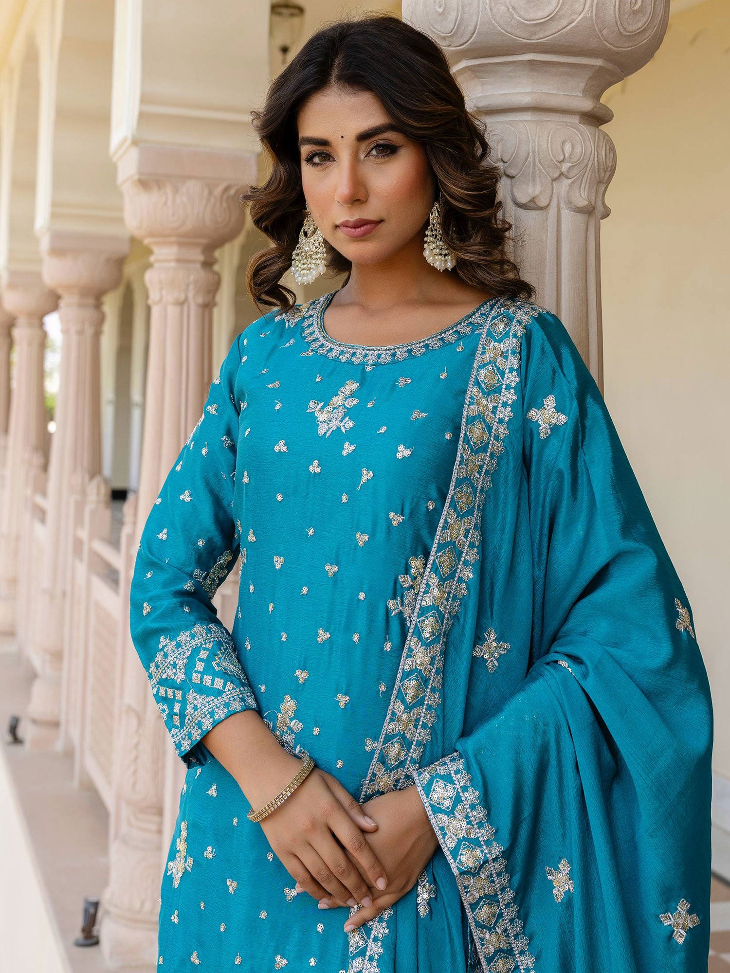 Blue Readymade Salwar Kameez In Sharara Style