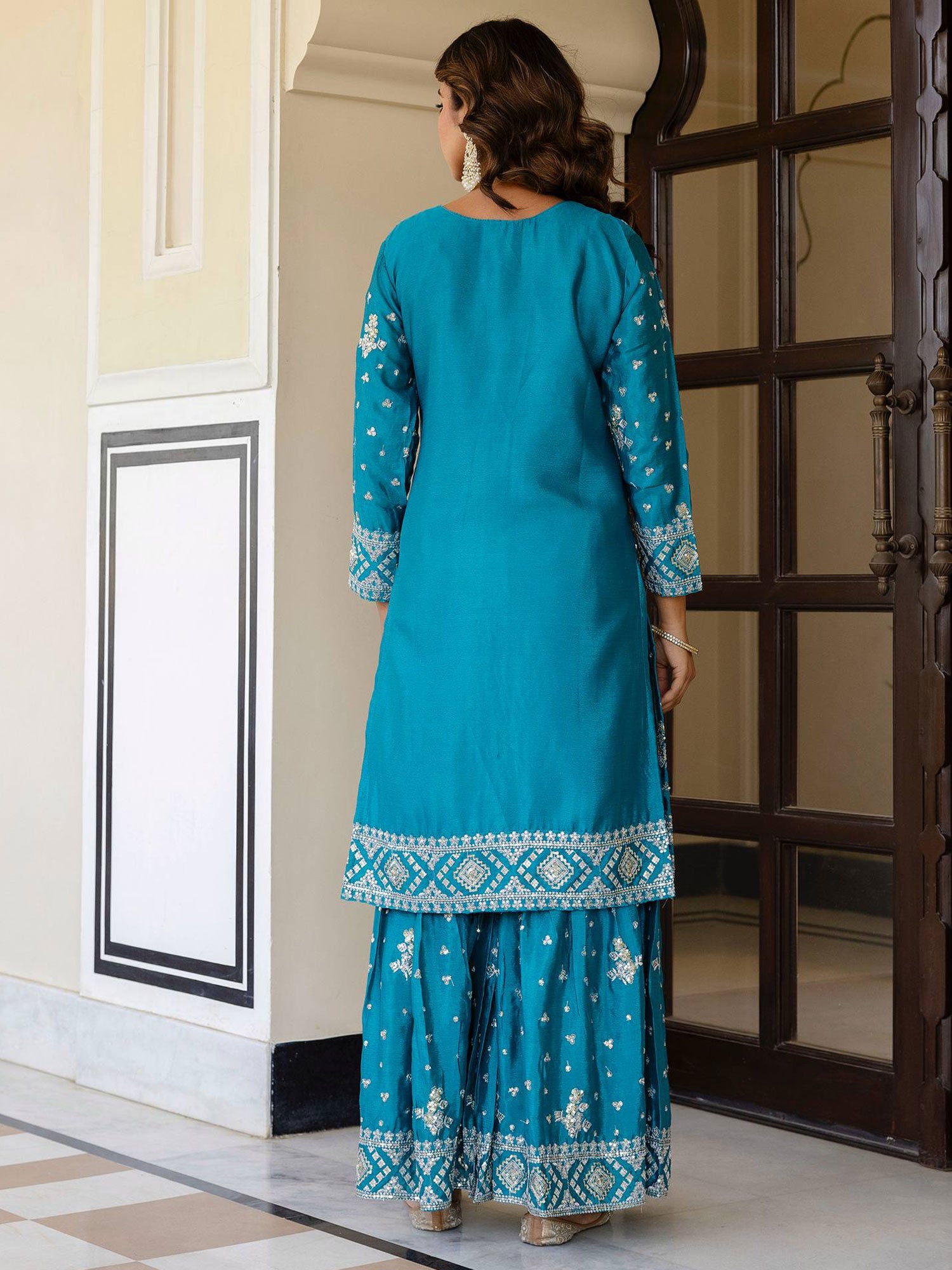 Blue Readymade Salwar Kameez In Sharara Style