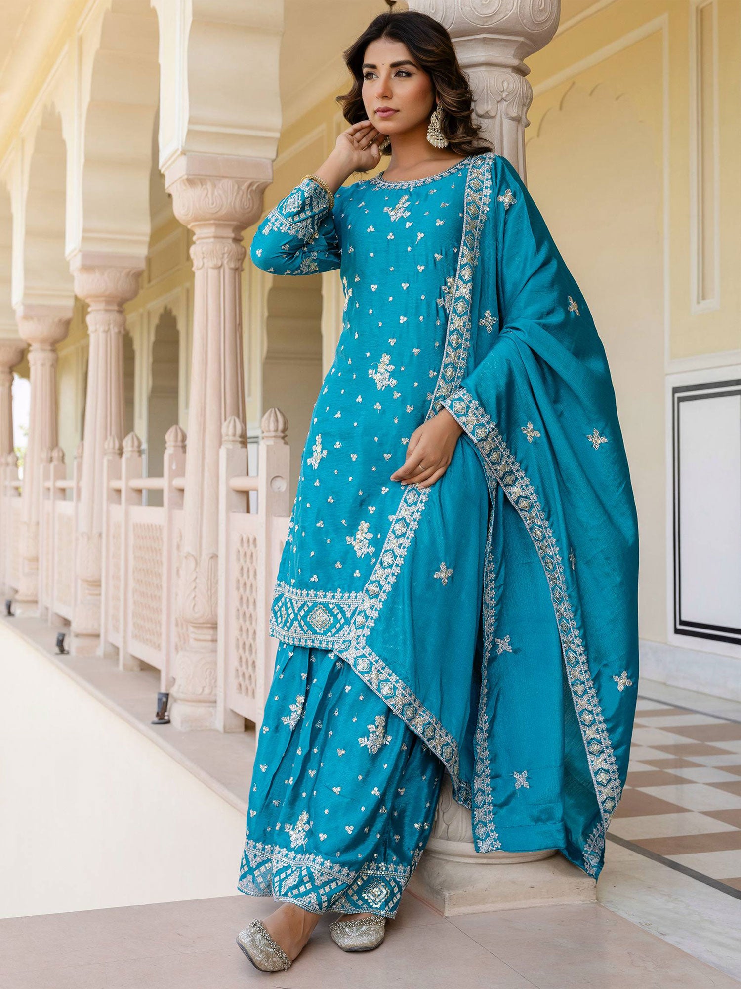 Blue Readymade Salwar Kameez In Sharara Style