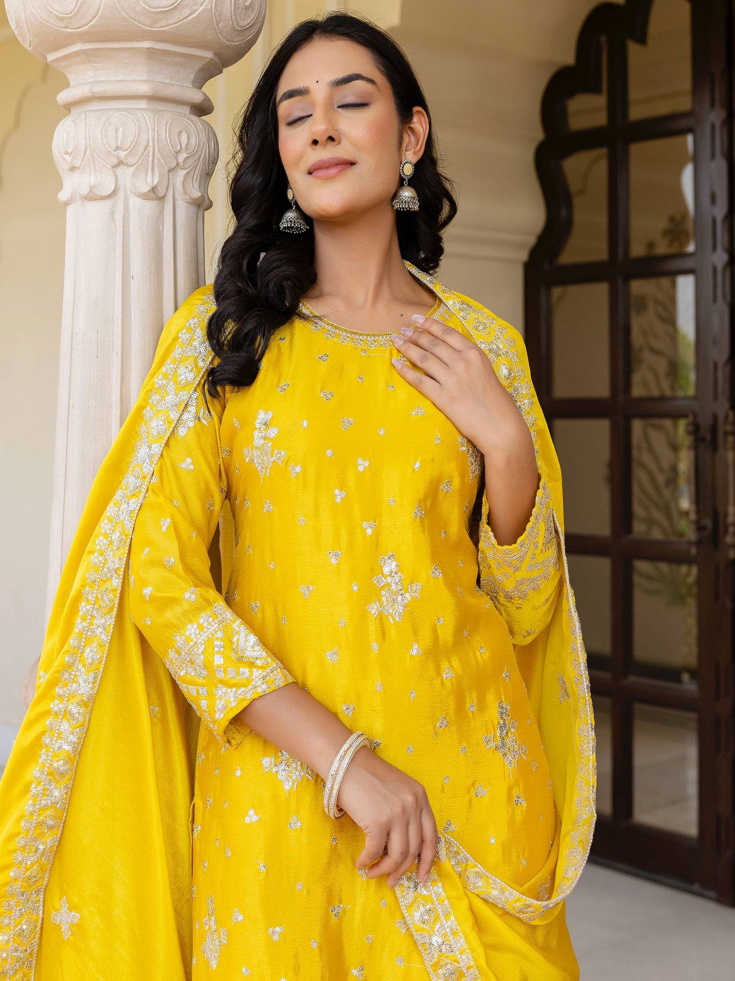 Bright Yellow Readymade Silk Sharara Style Suit