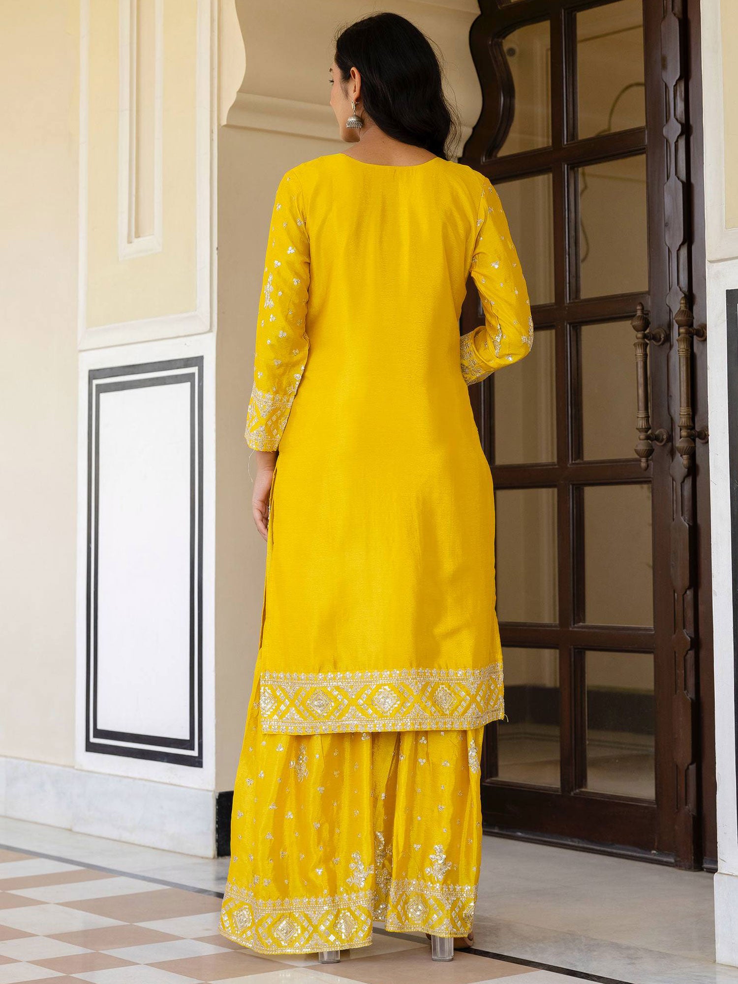 Bright Yellow Readymade Silk Sharara Style Suit