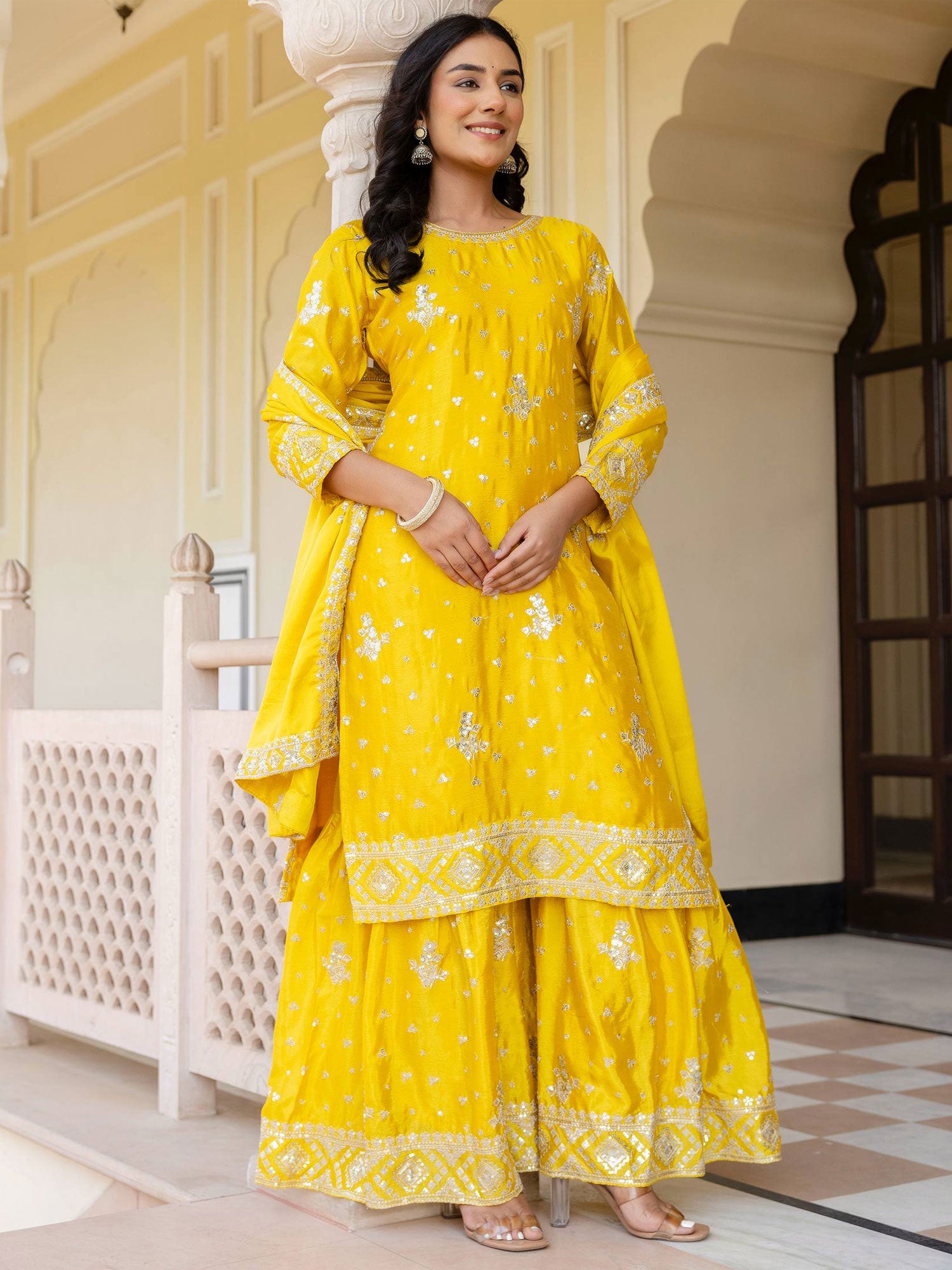 Bright Yellow Readymade Silk Sharara Style Suit
