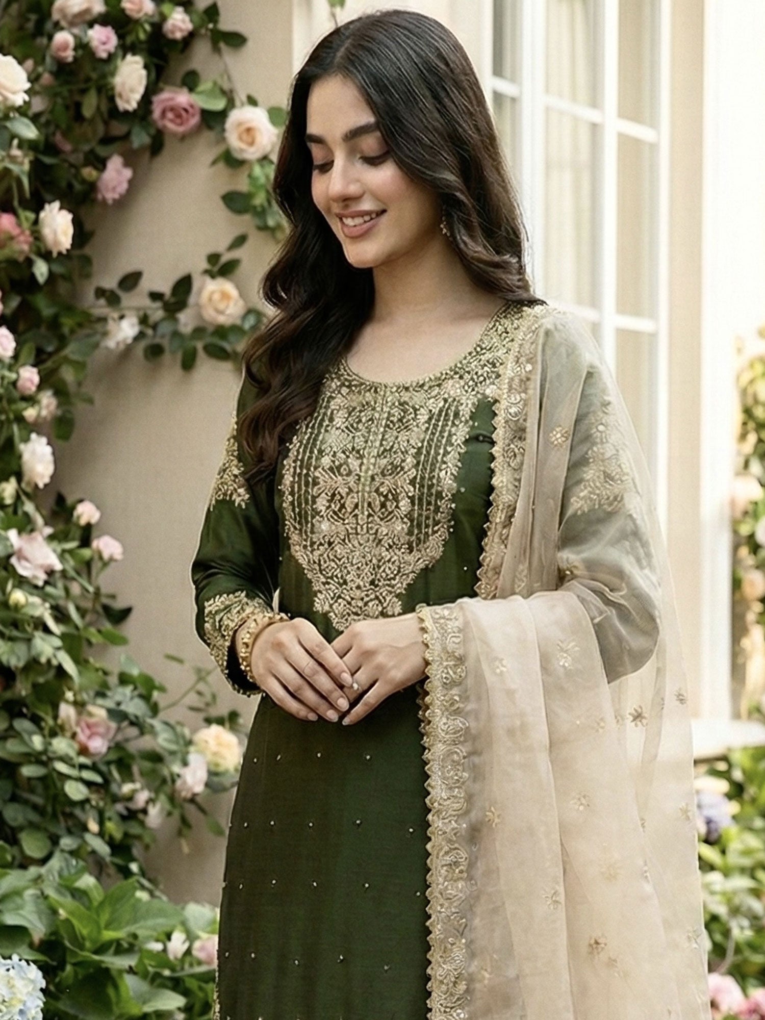 Green Heavy Embroidered Sharara Suit Set