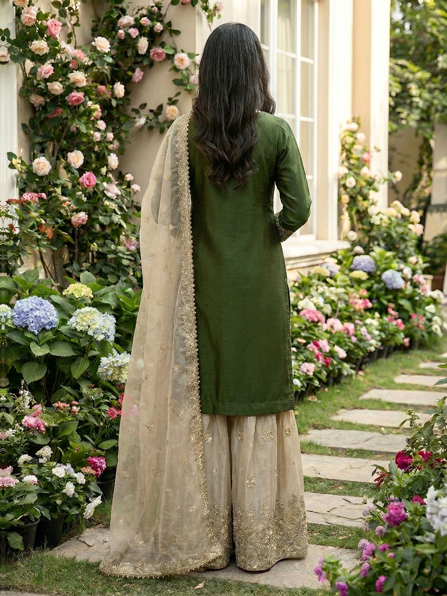 Green Heavy Embroidered Sharara Suit Set