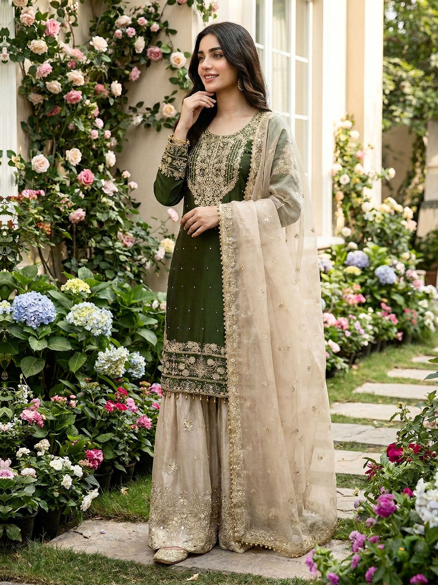 Green Heavy Embroidered Sharara Suit Set