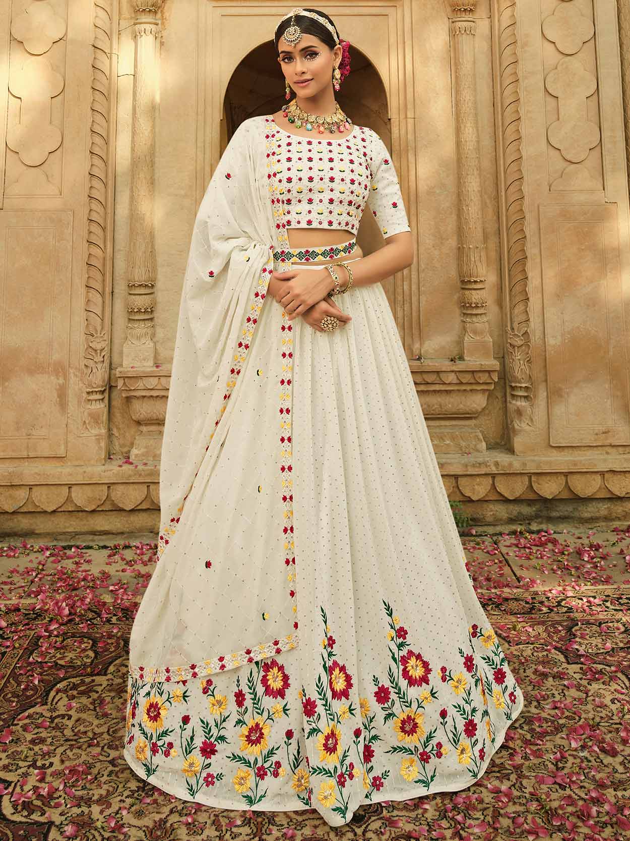White Embroidered Lehenga Choli In Georgette