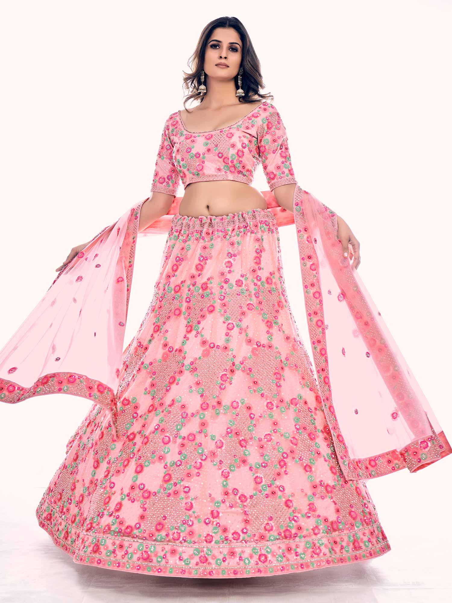 Pink Embroidered Bridesmaid Lehenga Choli In Net