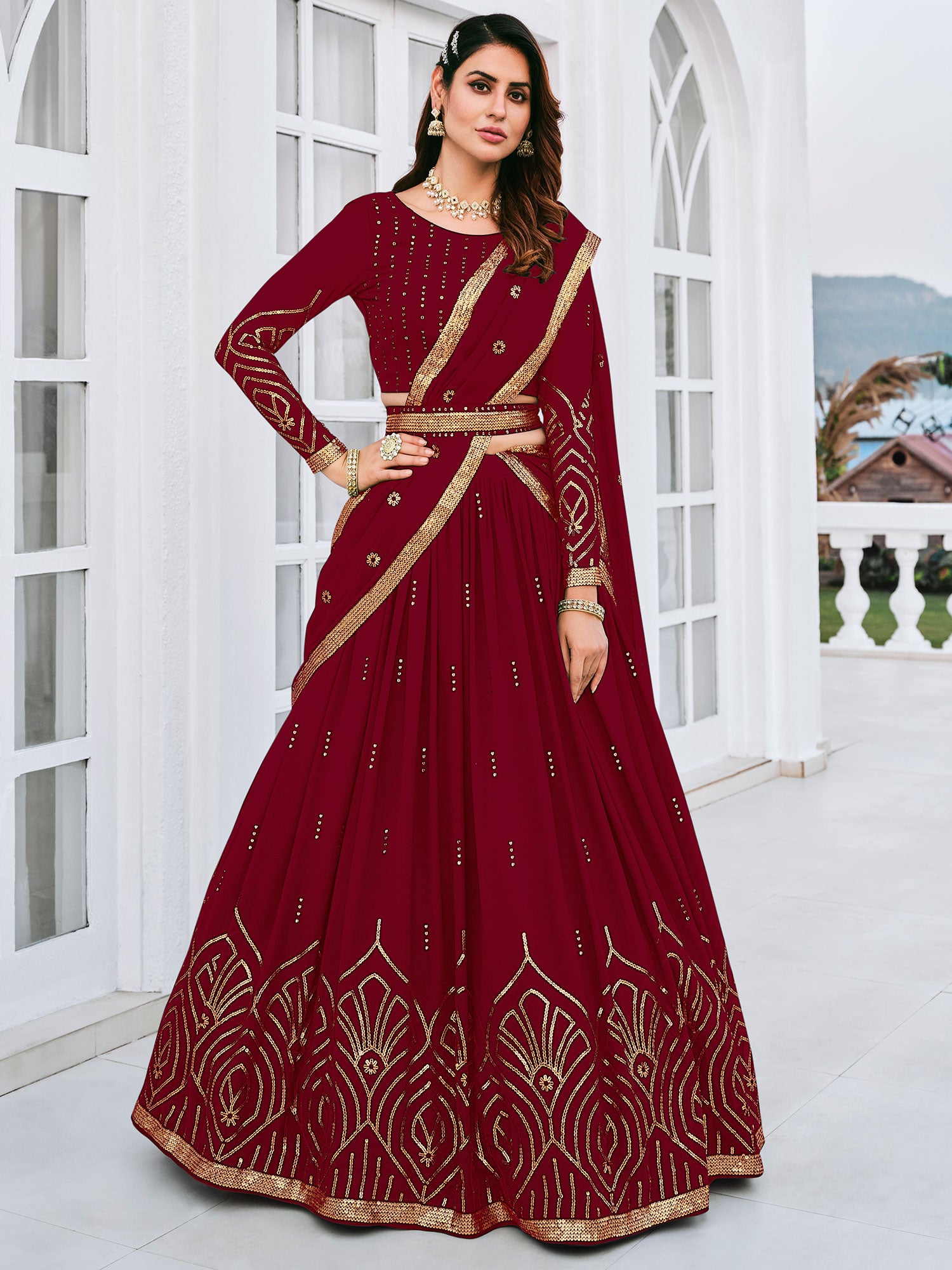 Maroon Sequined Wedding Wear Lehenga Choli