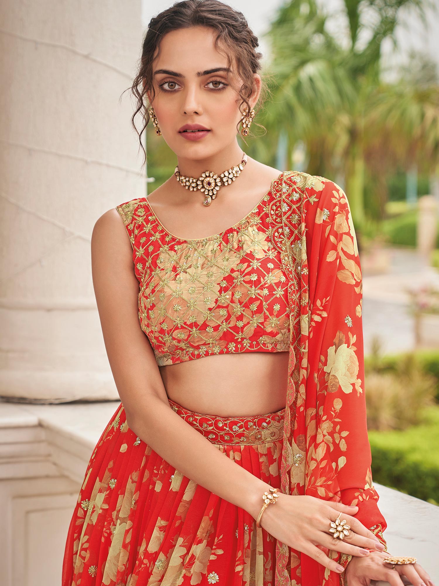 Orange Floral Printed Festive Lehenga Choli With Dupatta