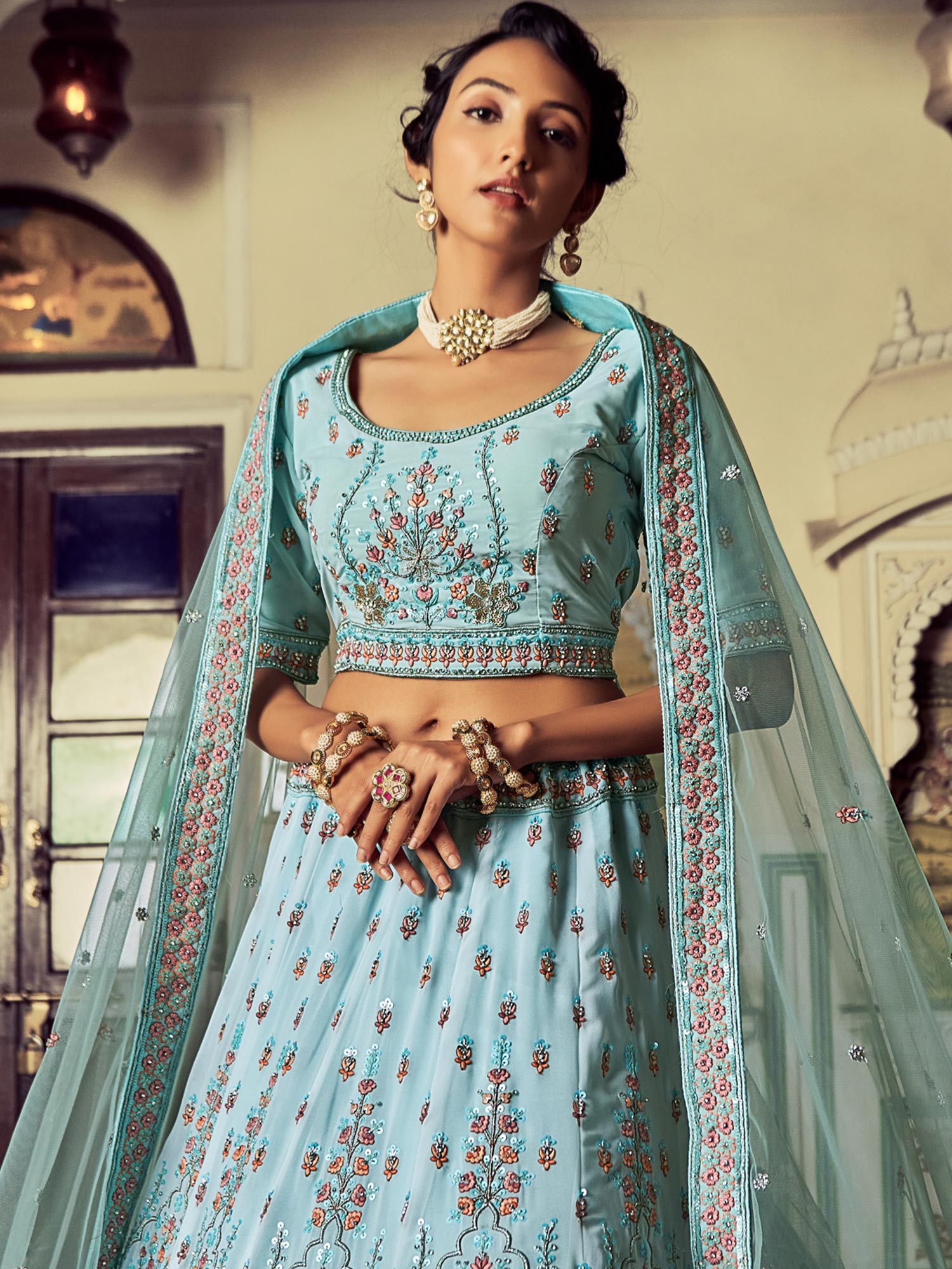 Blue Georgette Lehenga Choli With Sequins Embroidery