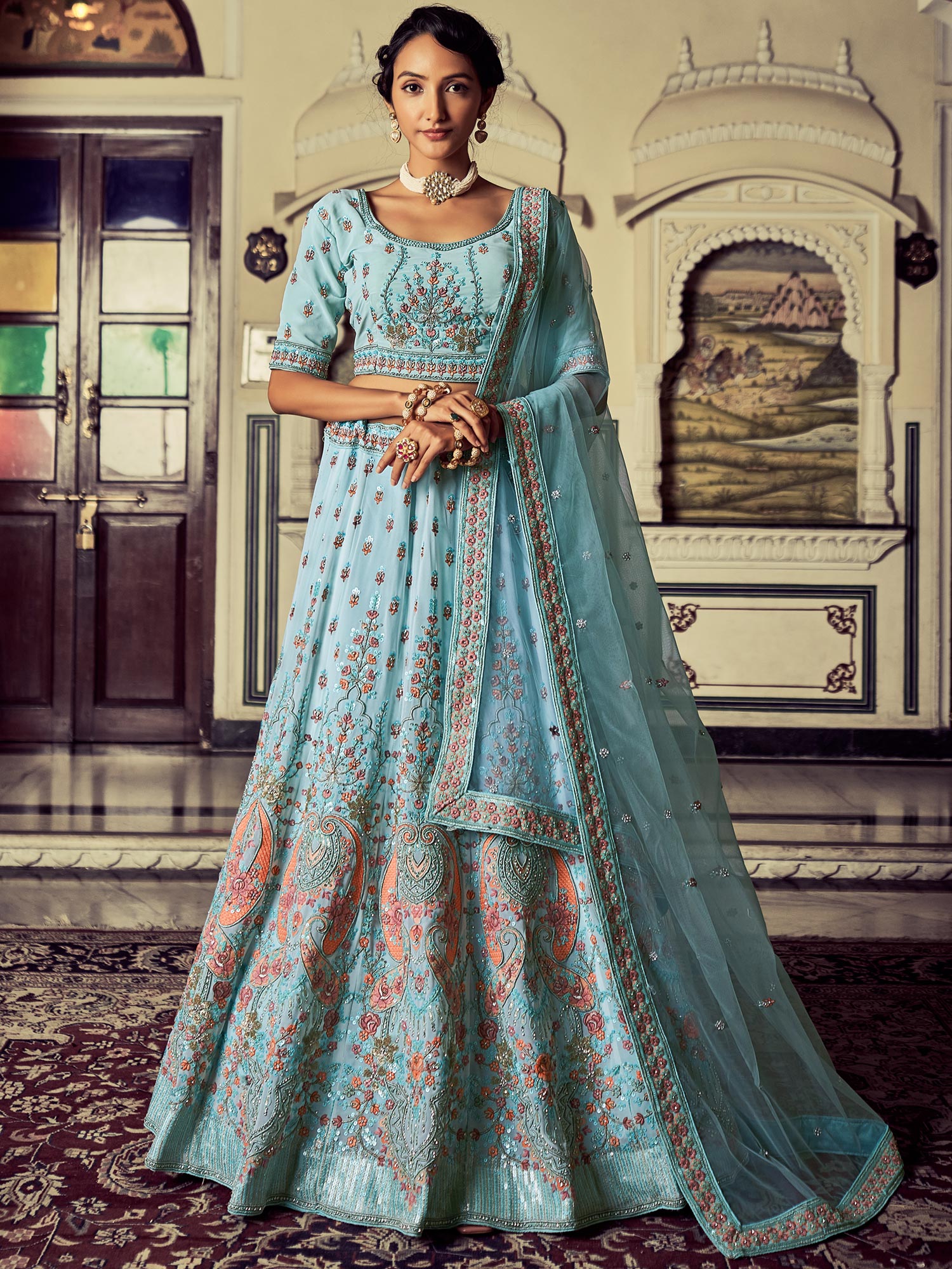 Blue Georgette Lehenga Choli With Sequins Embroidery