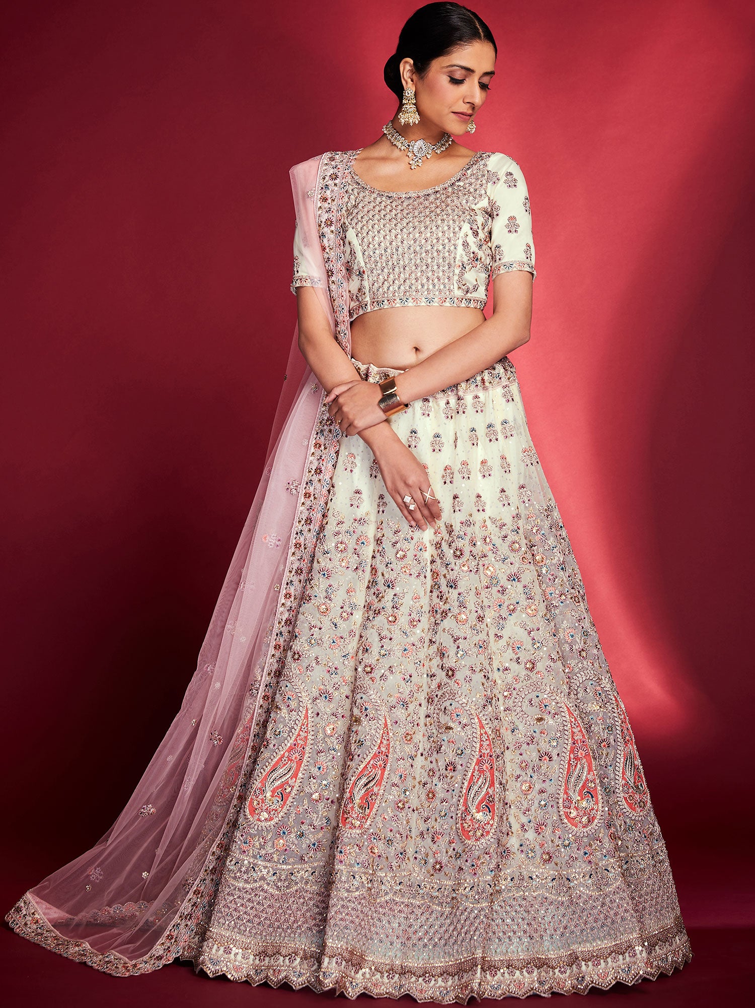 White Embroidered Georgette Lehenga Choli In Silk