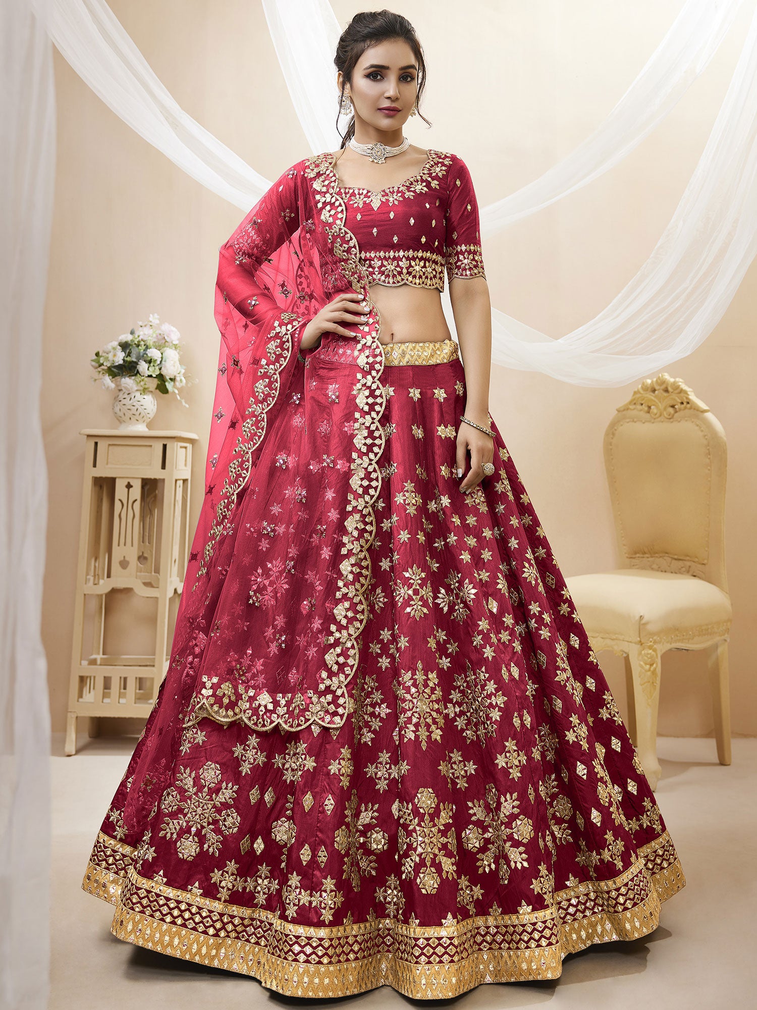 Pink Embroidered Bridesmaid Lengha Choli Set