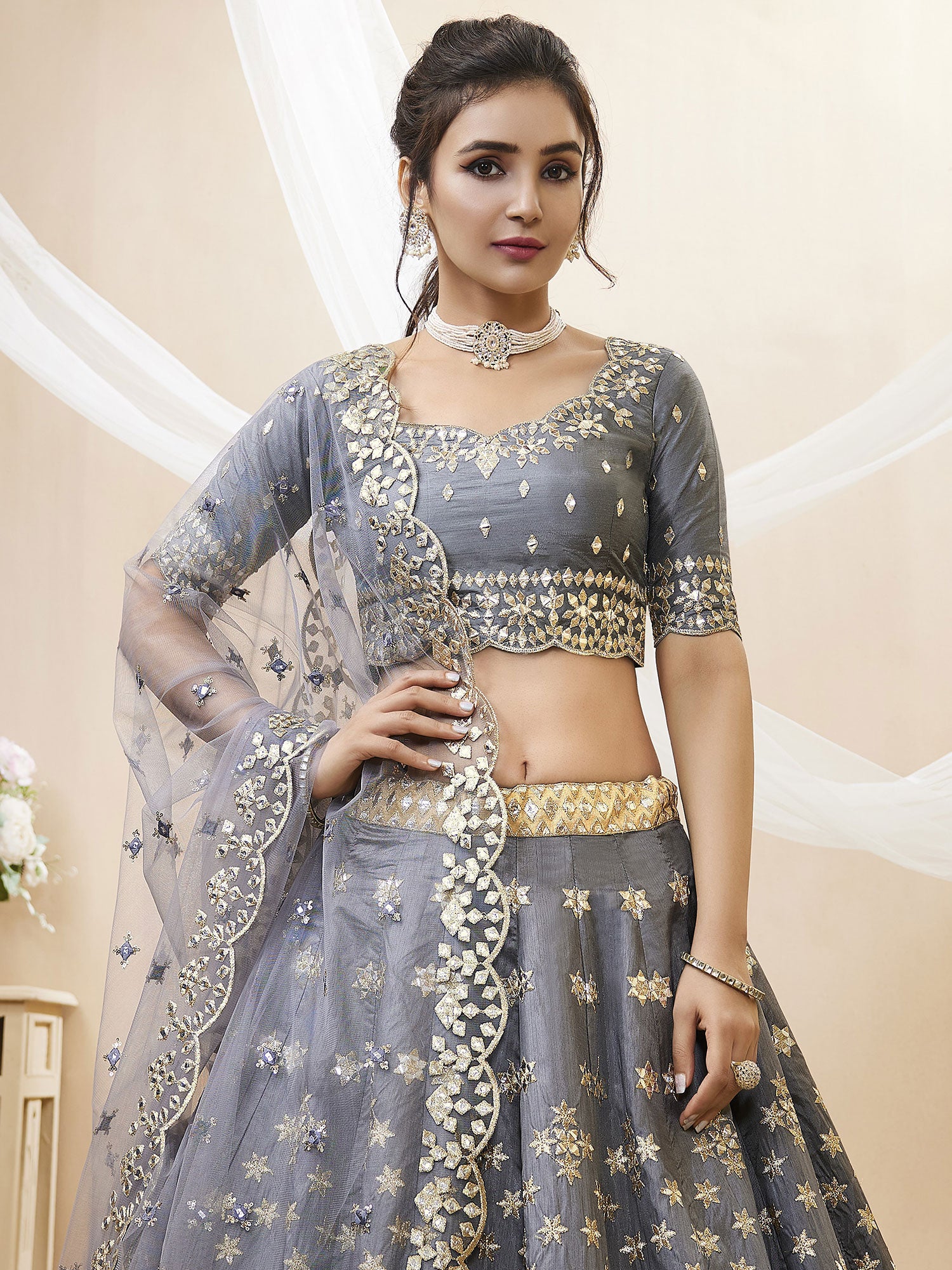 Grey Art Silk Lehenga With Gota Patti Embroidery