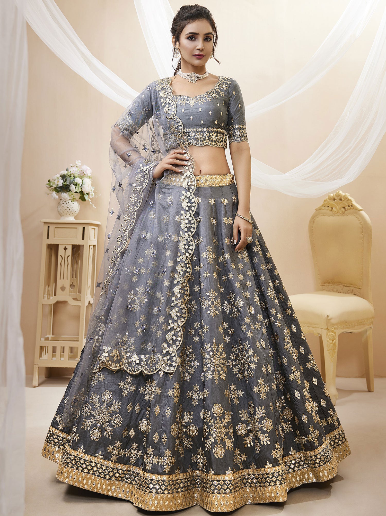 Grey Art Silk Lehenga With Gota Patti Embroidery