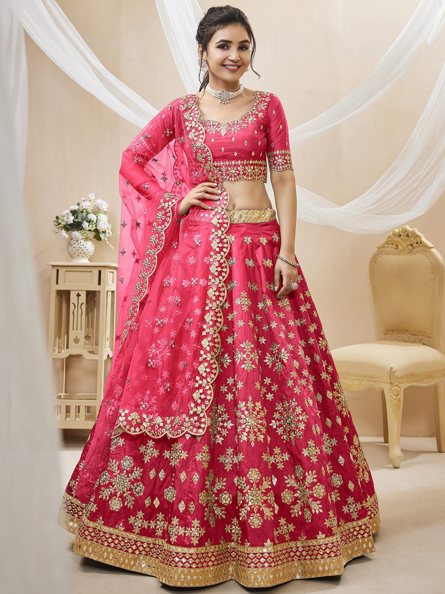Pink Wedding Wear Lengha With Heavy Embroidery