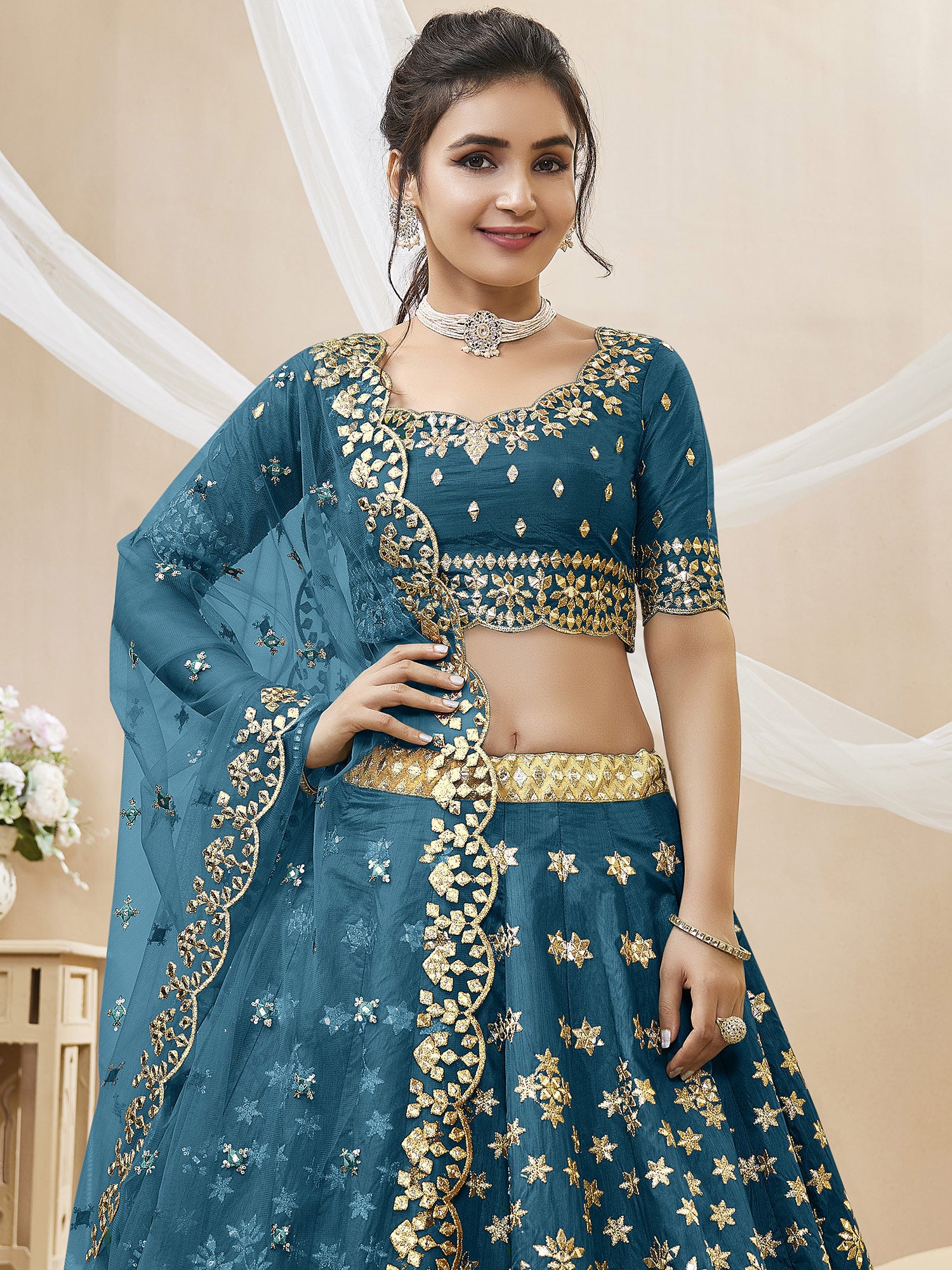 Blue Gota Embroidered Lehenga Choli In Silk