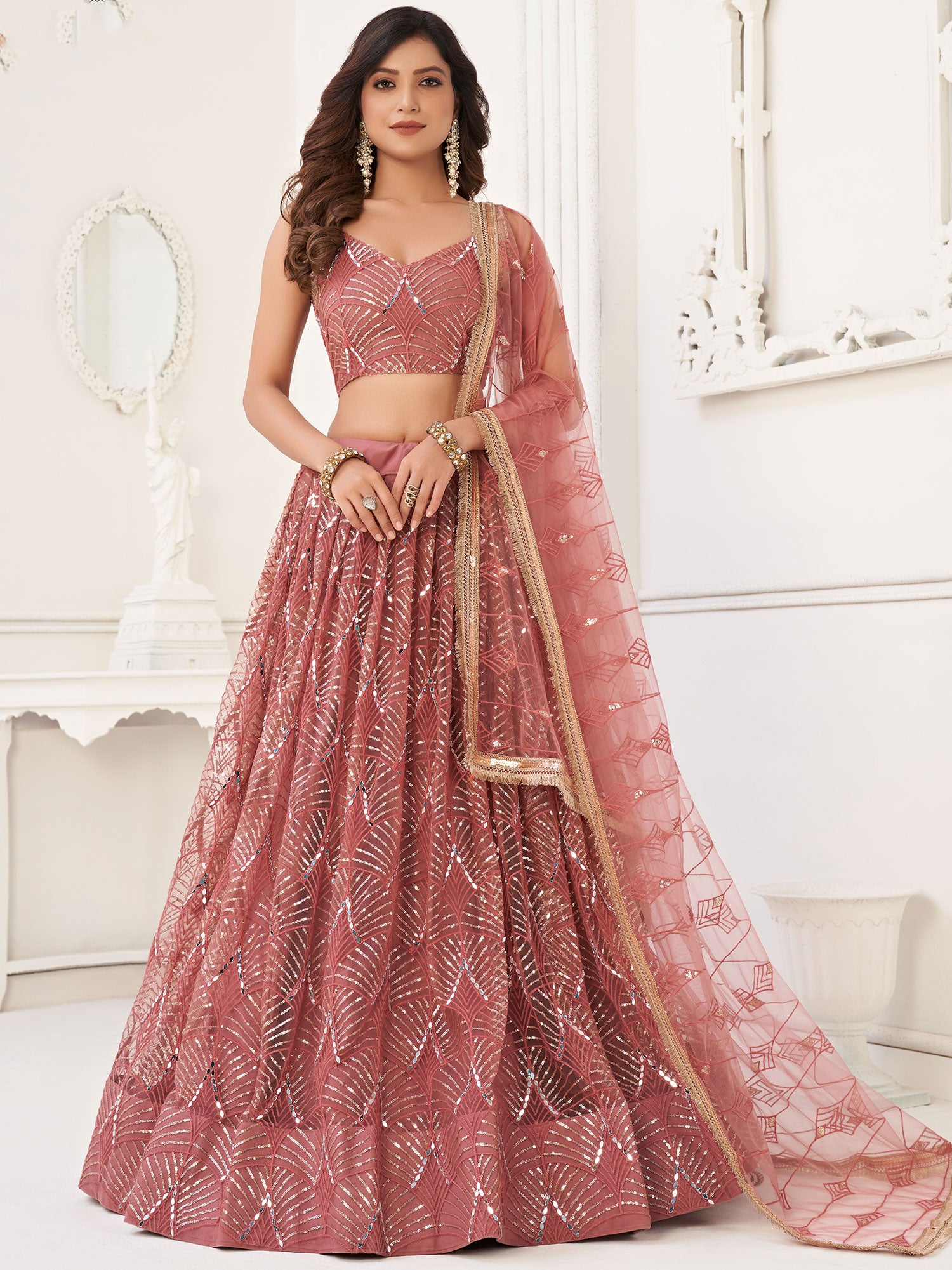 Peach Sequined Festive Lengha Choli In Net
