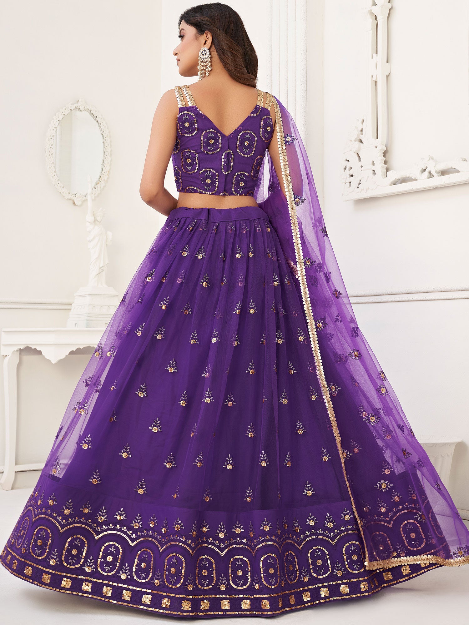 Purple Net Lehenga Choli With Sequins Embroidery