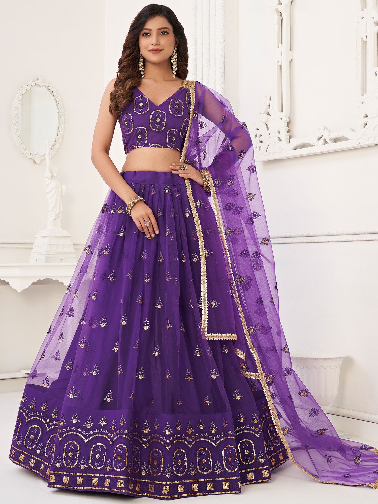 Purple Net Lehenga Choli With Sequins Embroidery