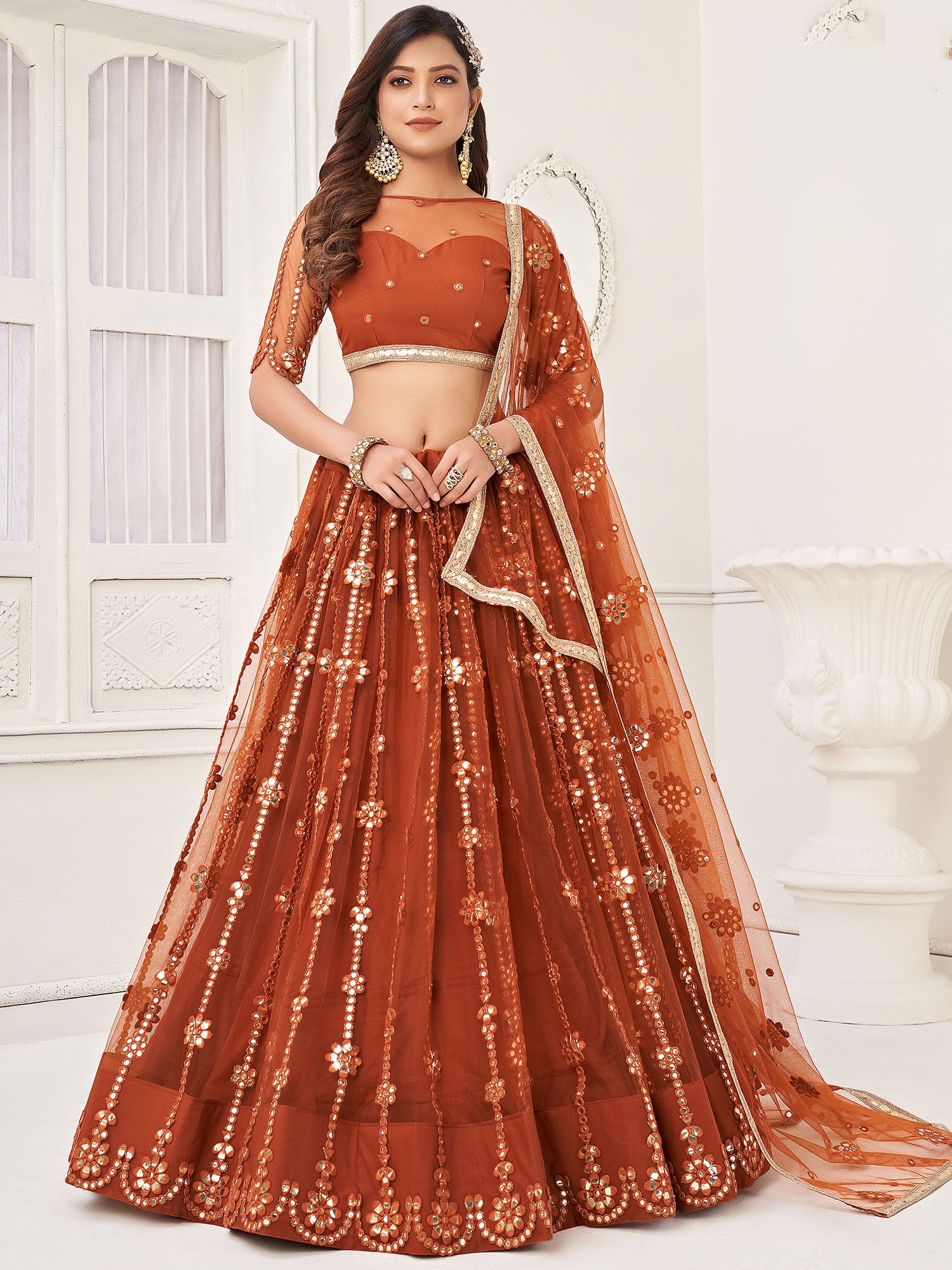 Orange Bridesmaid Lehenga With Mirror Work